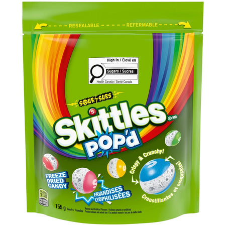 Skittles Pop'd Candy Sour 155g (5.4oz) package with colorful design on a white background