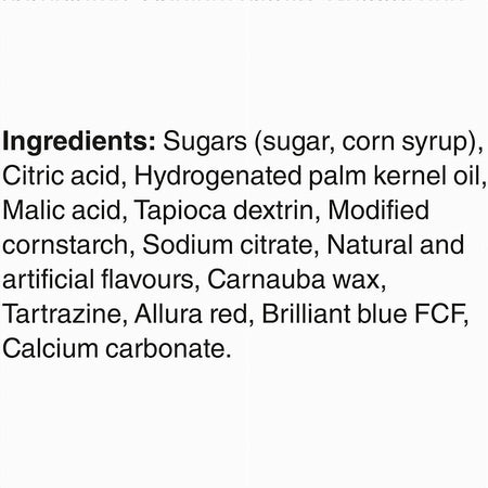 List of ingredients for Skittles Pop'd Candy Sour 155g (5.4oz) on a white background