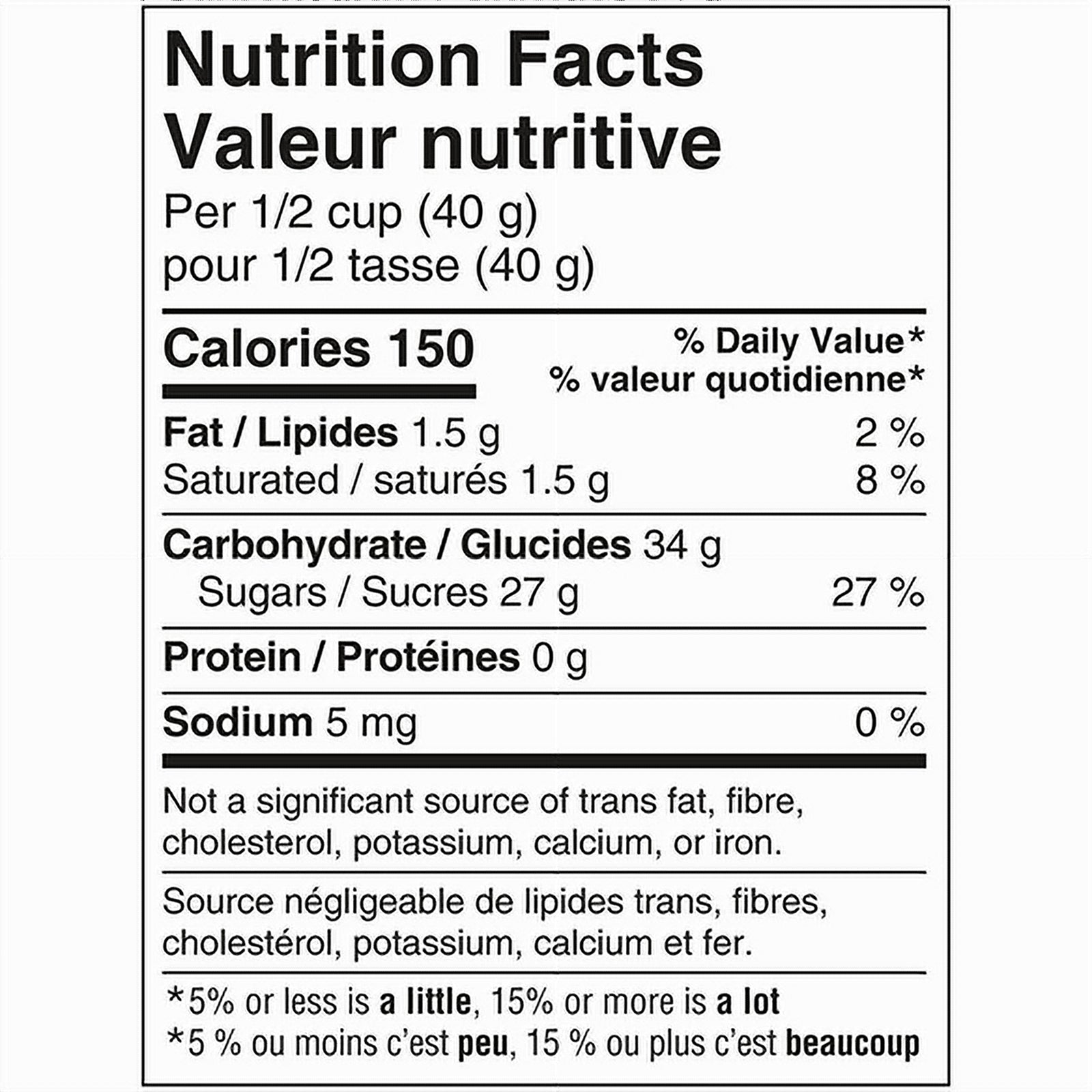 Nutrition facts label for Skittles Pop'd Candy Sour 155g (5.4oz) in both English and French.