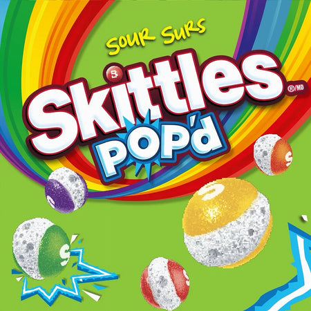 Skittles Pop'd candy with colorful design and text