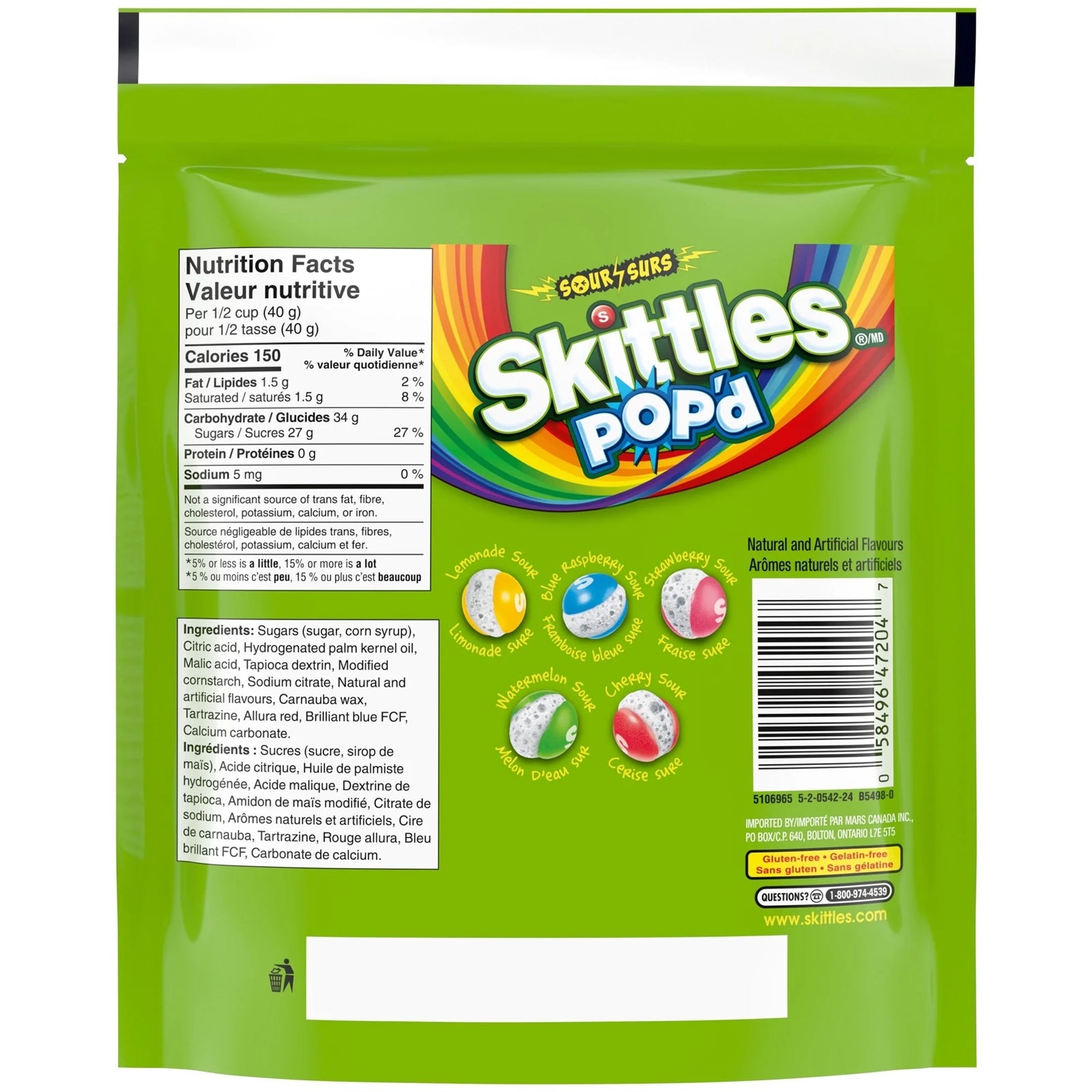Skittles Pop'd Candy Sour 155g (5.4oz) package with nutrition facts and ingredient list on a green background