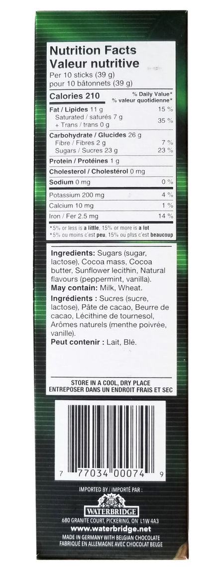 Waterbridge Belgian Slimstix, Dark Chocolate Mint Sticks, 75g/2.6 oz. Box {Imported from Canada}