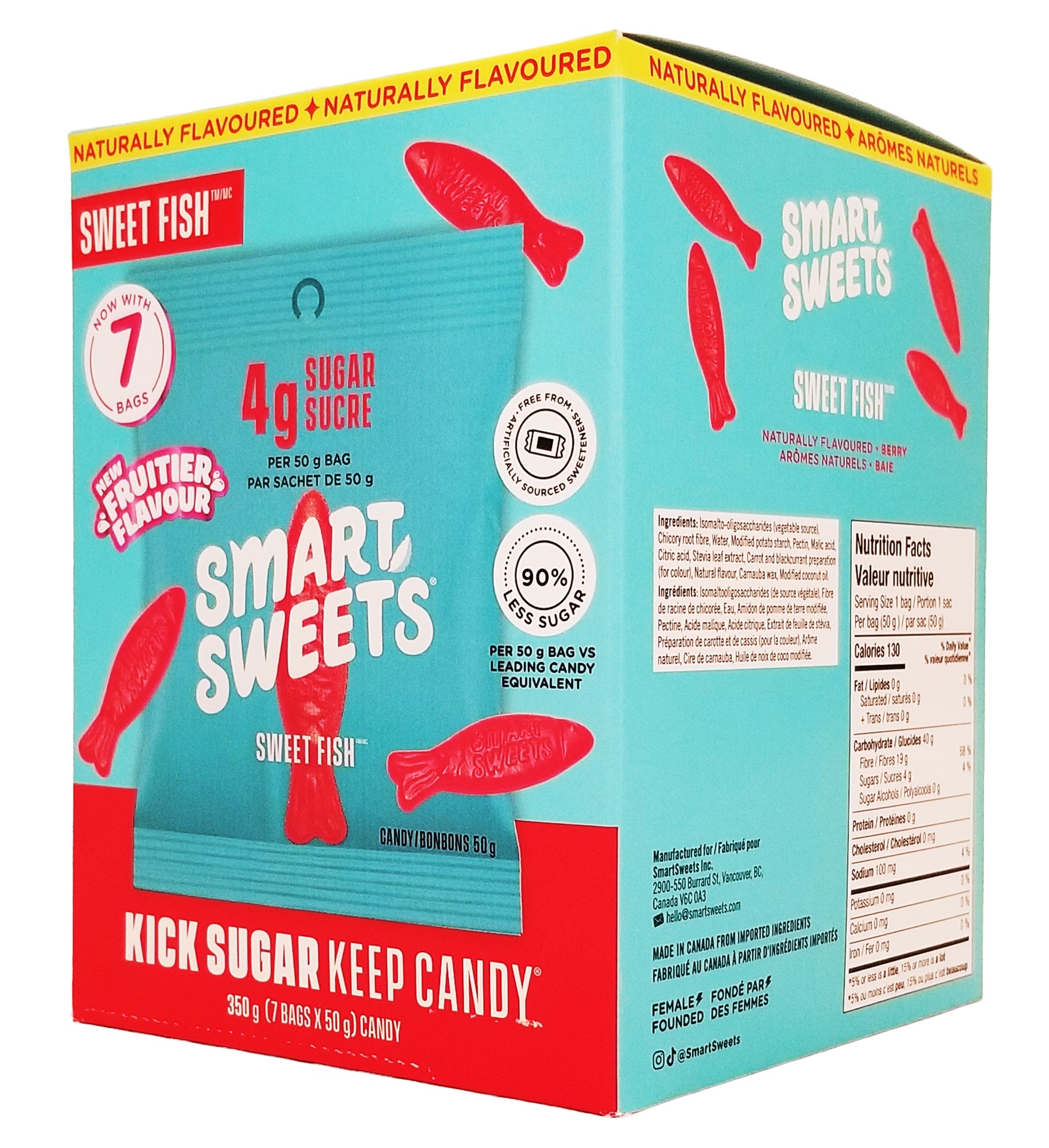 Angle of a Smart Sweets Sweet Berry Fish Gummies - 7 x 50g box with red fish shapes on a white background