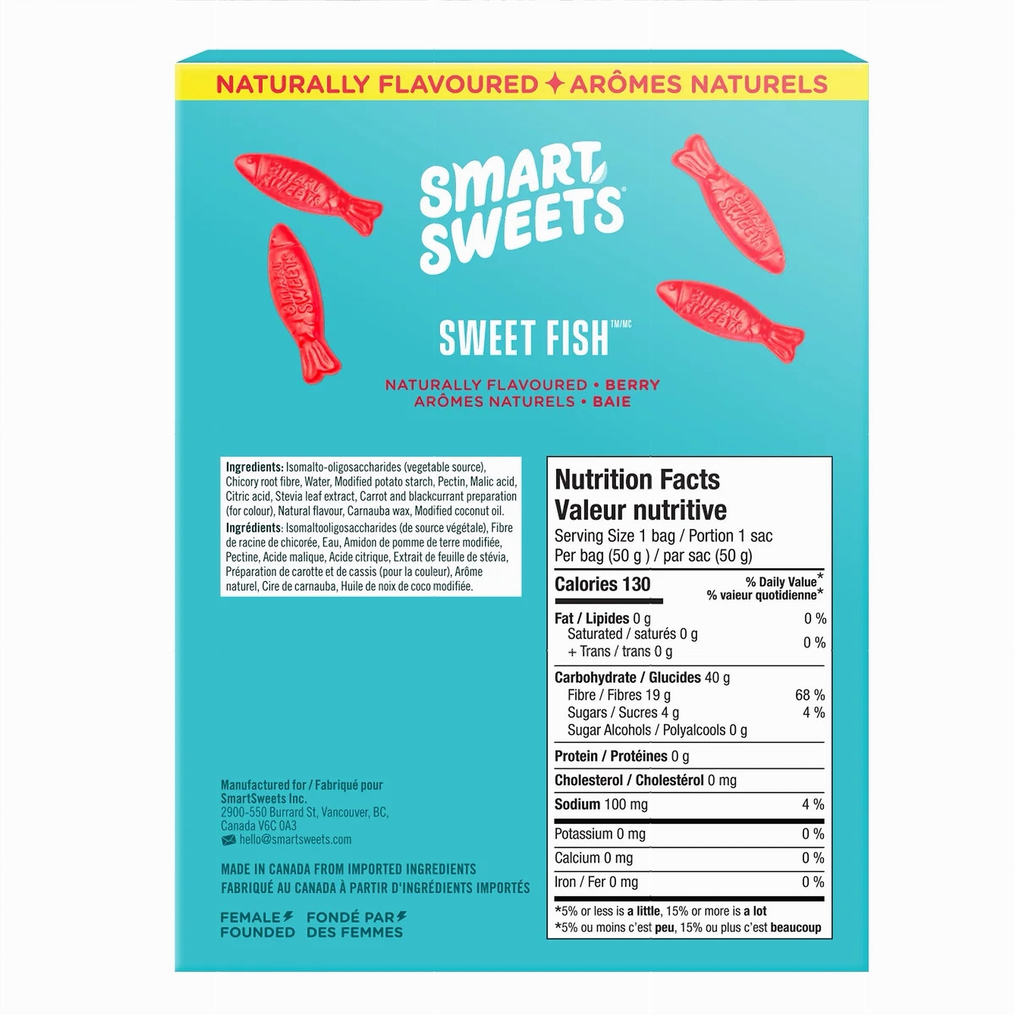 Smart Sweets Sweet Berry Fish Gummies - 7 x 50g packaging with nutritional information on a blue background