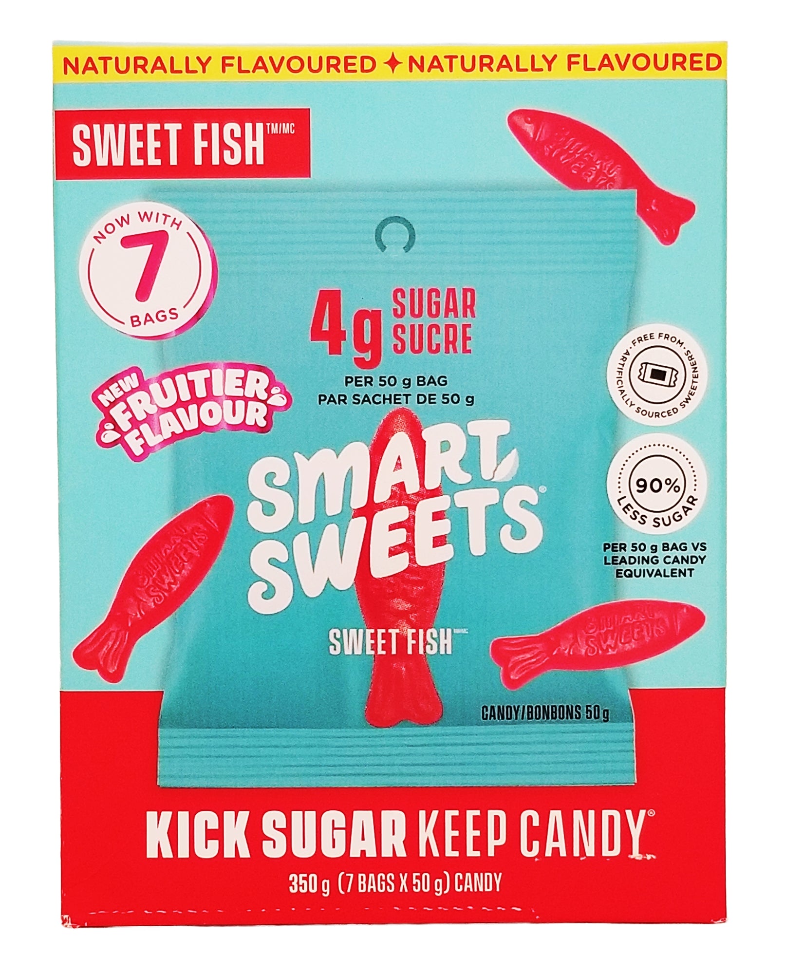 Package of a Smart Sweets Sweet Berry Fish Gummies - 7 x 50g box with red and blue design