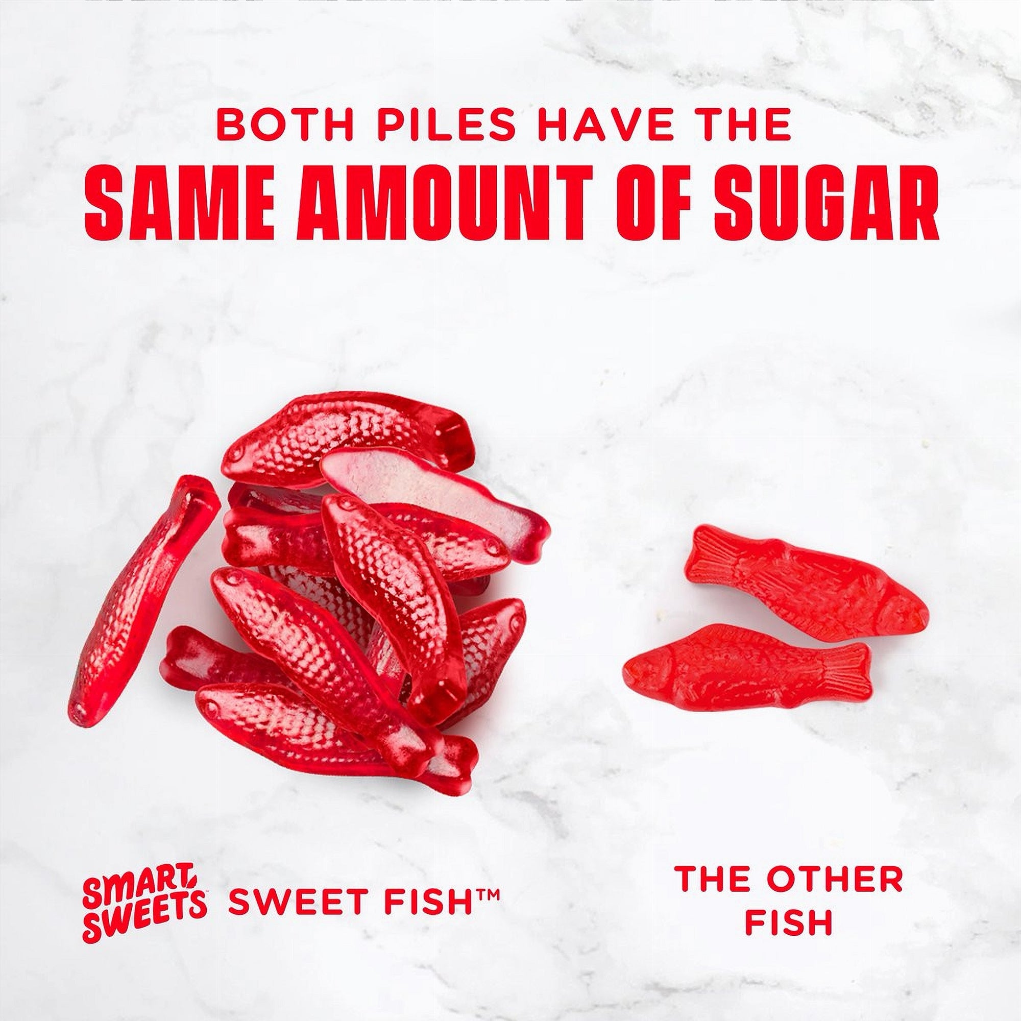 Red fish-shaped candies with text comparing Smart Sweets Sweet Fish to 'The Other Fish' on a white background.