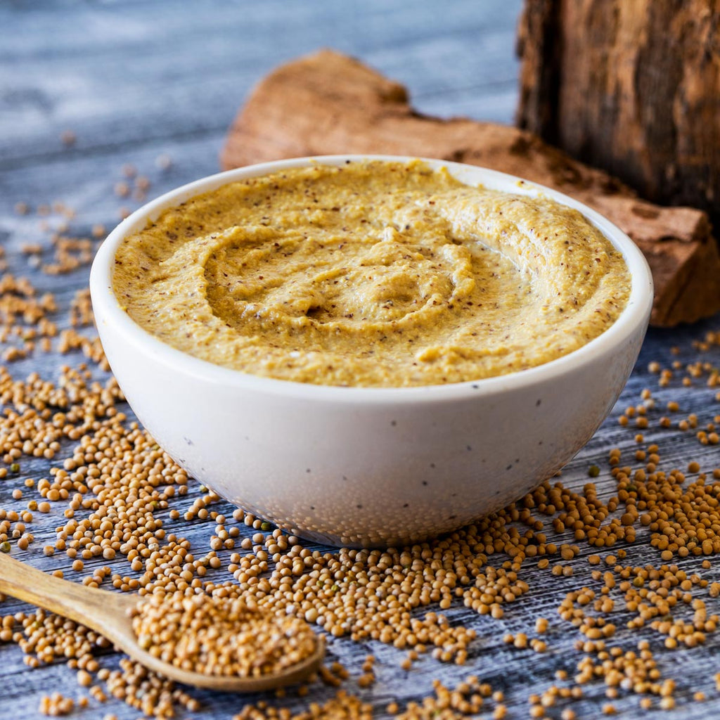 Lynch Gourmet Crunchy Mustard Sauce 2 L/67.6 Fl. oz., Jug, crunchy mustard in a dish.