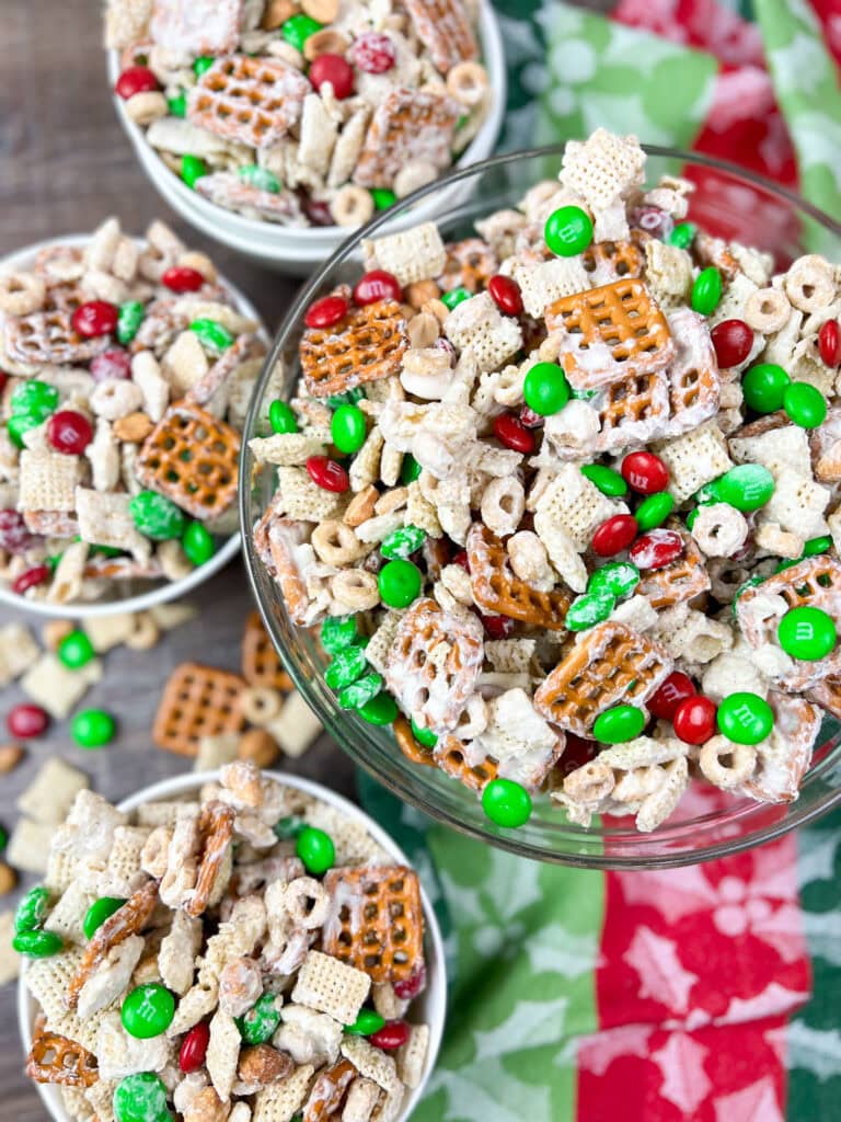 M&M's Holiday Blend Milk Chocolate Candies mixed into cereal snacks