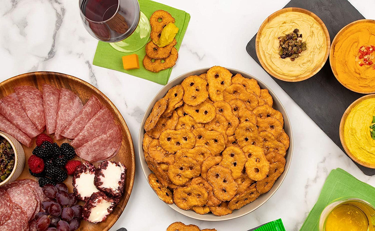 Snack Factory Garlic Parmesan Deli Style Pretzel Crisps in A Basket