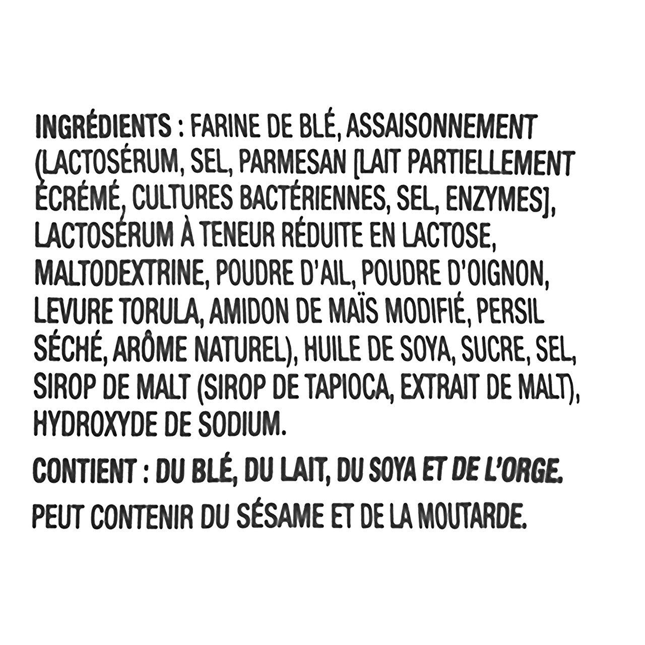 Snack Factory Garlic Parmesan Deli Style Pretzel Crisps, 200g/7 oz. Ingredients in French