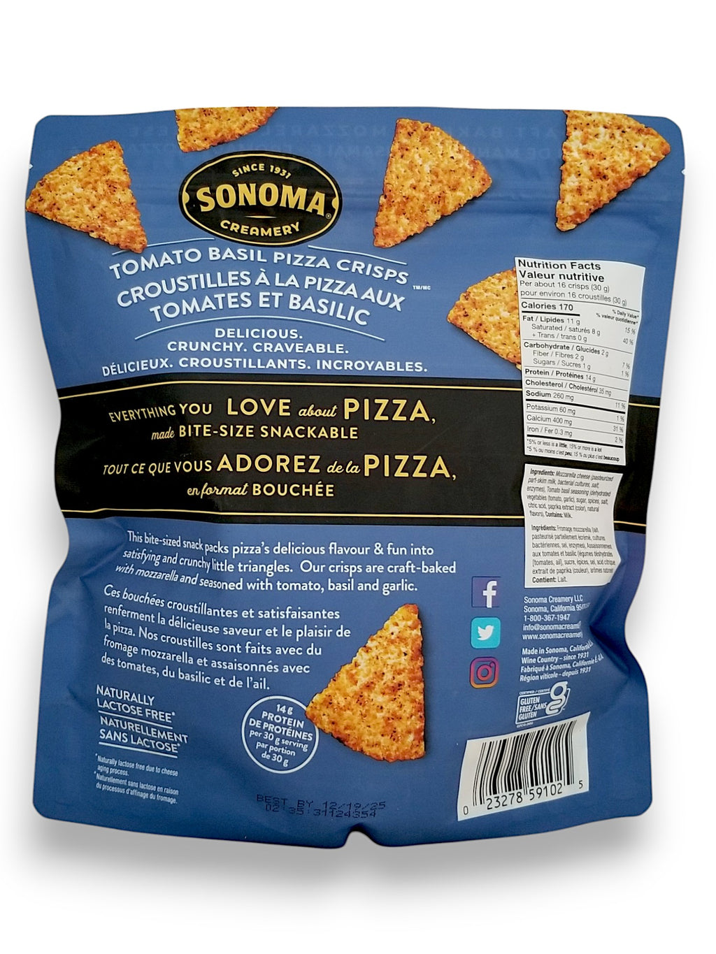 Sonoma Creamery Tomato Basil Pizza Crisps, 269g/9.5 oz - Back