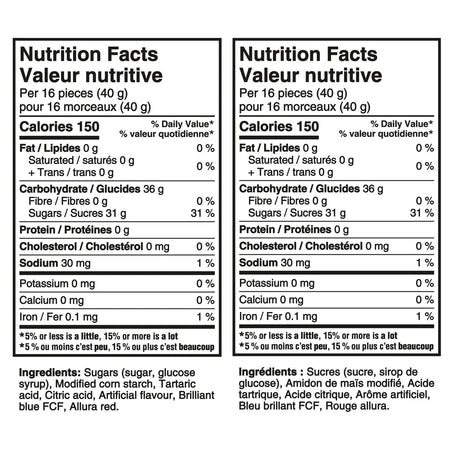 Nutrition facts label for Sour Patch Kids ICE POP MIX Gummy Candy, 150g/5.2 oz with detailed calorie and ingredient information.