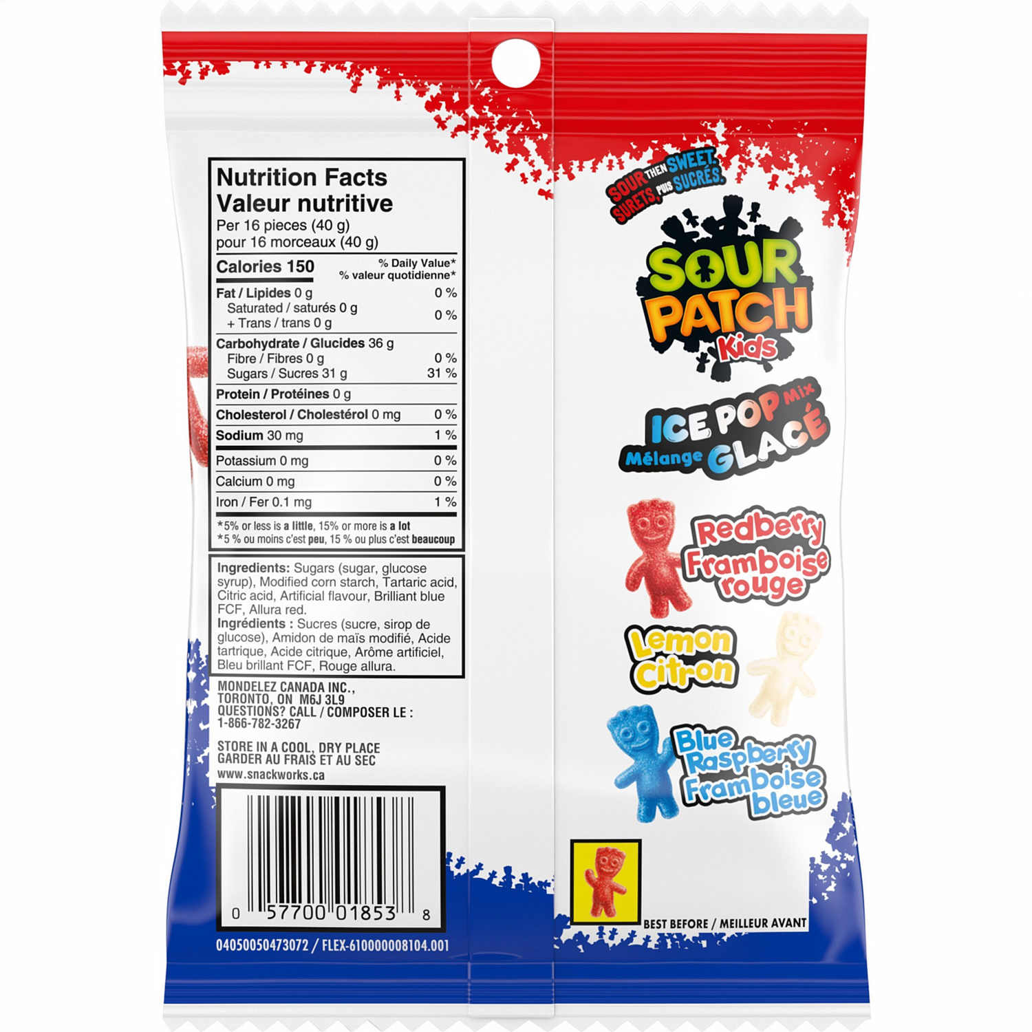 Sour Patch Kids ICE POP MIX Gummy Candy, 150g/5.2 oz with colorful characters and nutrition facts on a white background