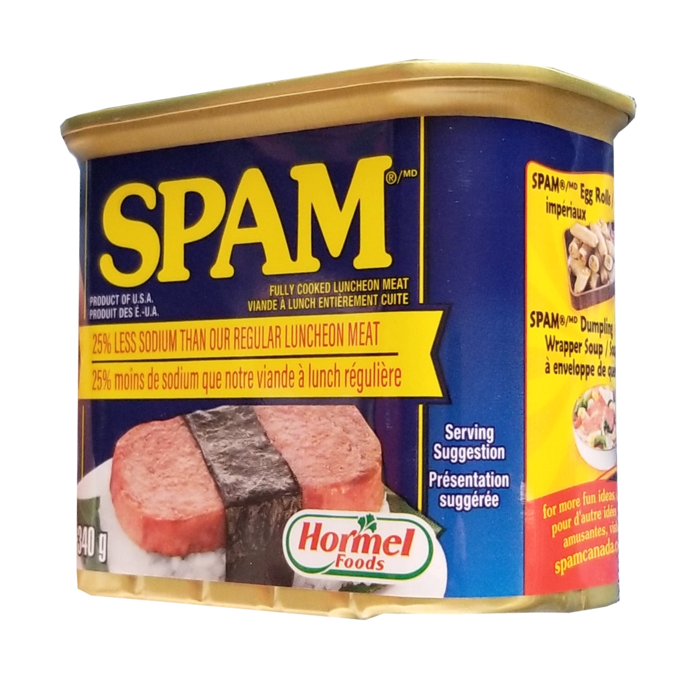 Spam25_angle2SPAM Luncheon Meat, 25% Less Sodium, 340g/ 12 oz. Can Right Side