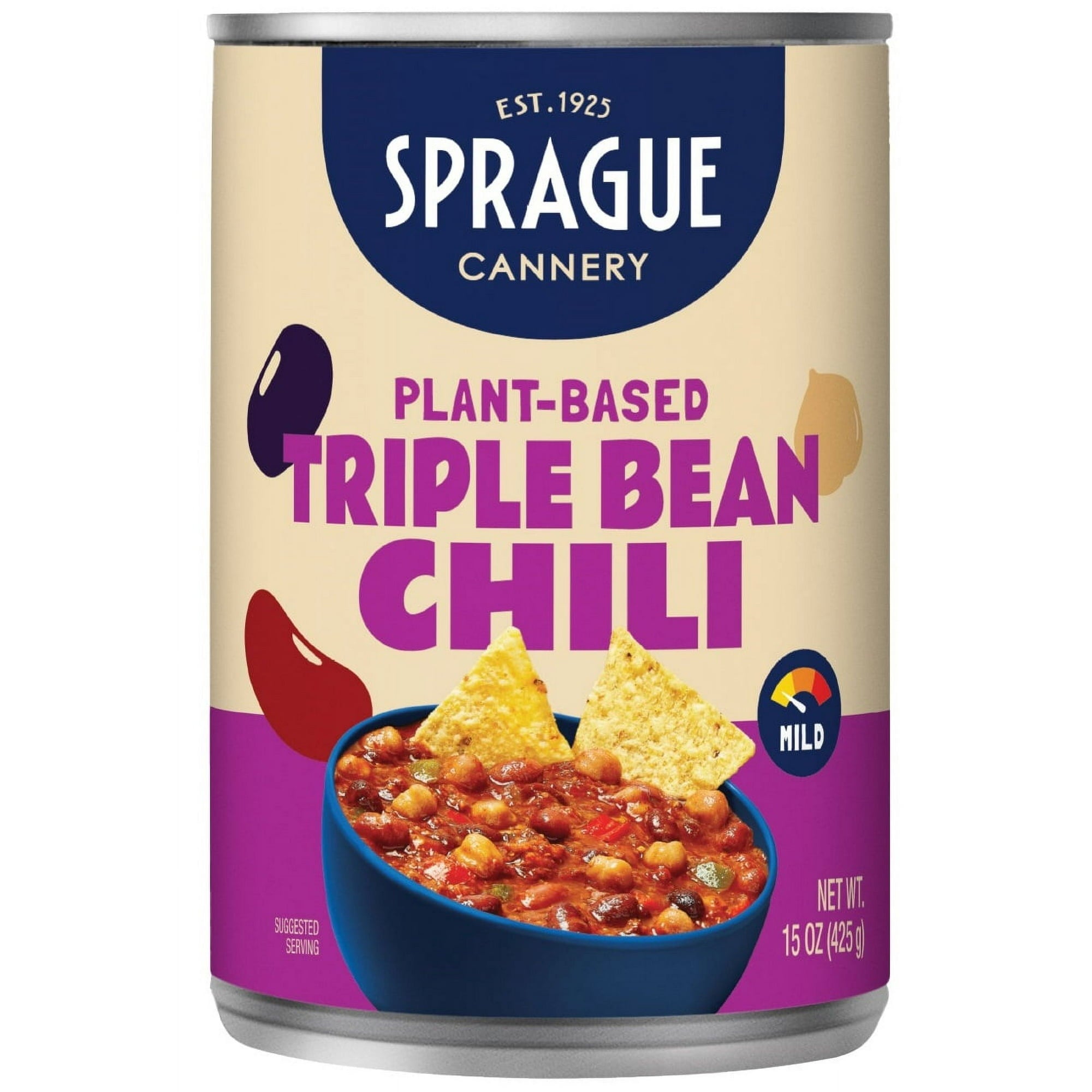 Sprague Cannery Plant-Based Triple Bean Bean Chili, Ready to Eat, 425g/15 oz., Can, front of can.