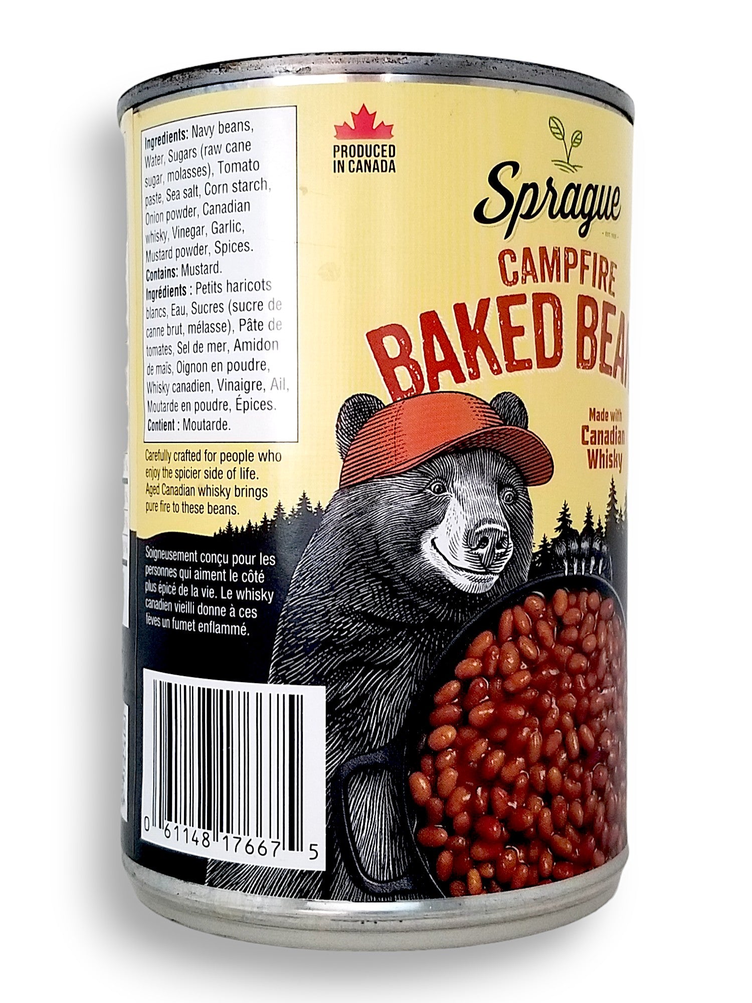 Sprague Vegan Campfire Baked Beans, Ready to Eat, 398ml/13.5 oz., Can, side of can with upc number.
