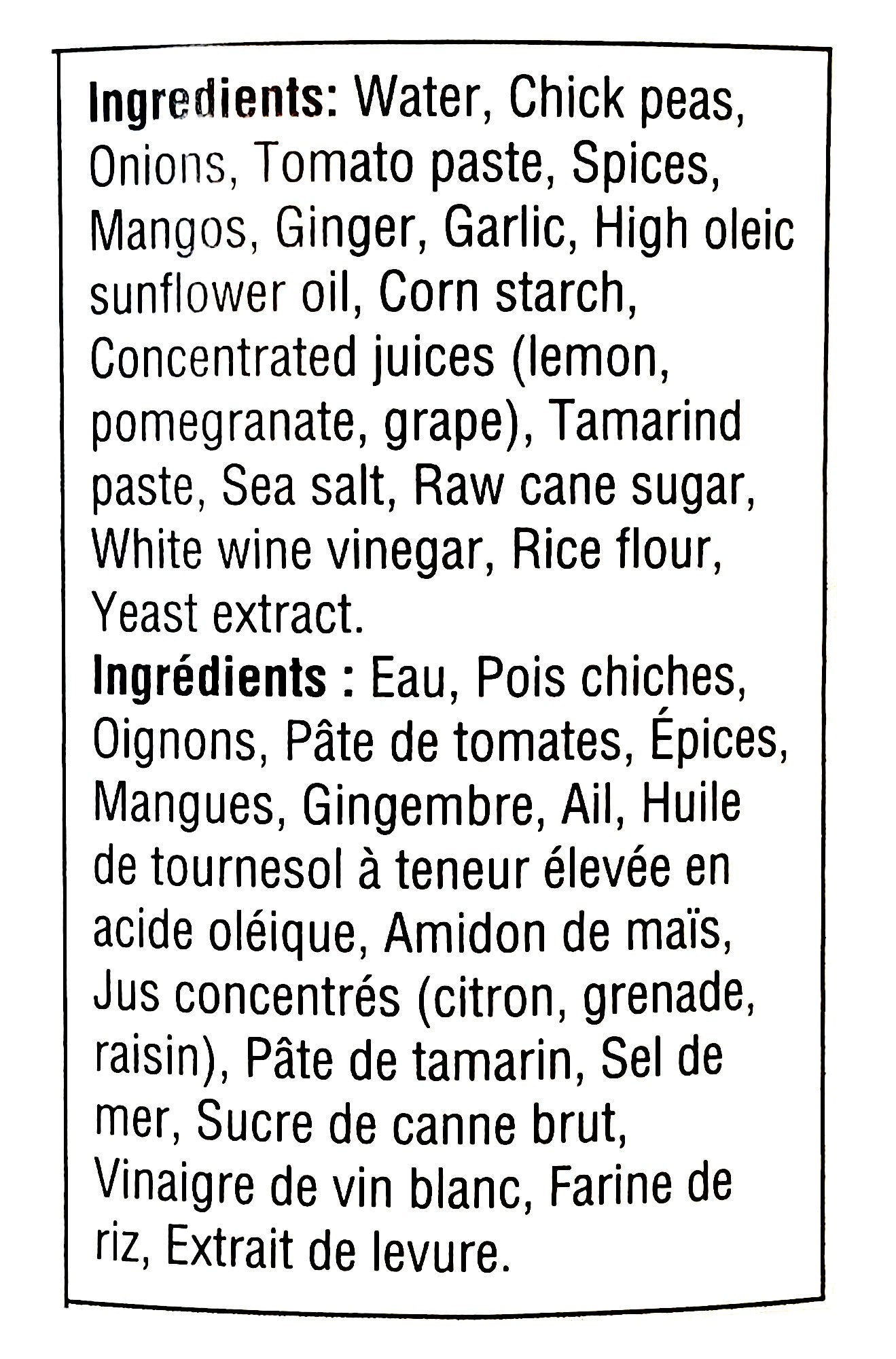 Sprague Vegan Curried Chickpeas, Ready to Eat, 425g/15 oz., Can, ingredients label.