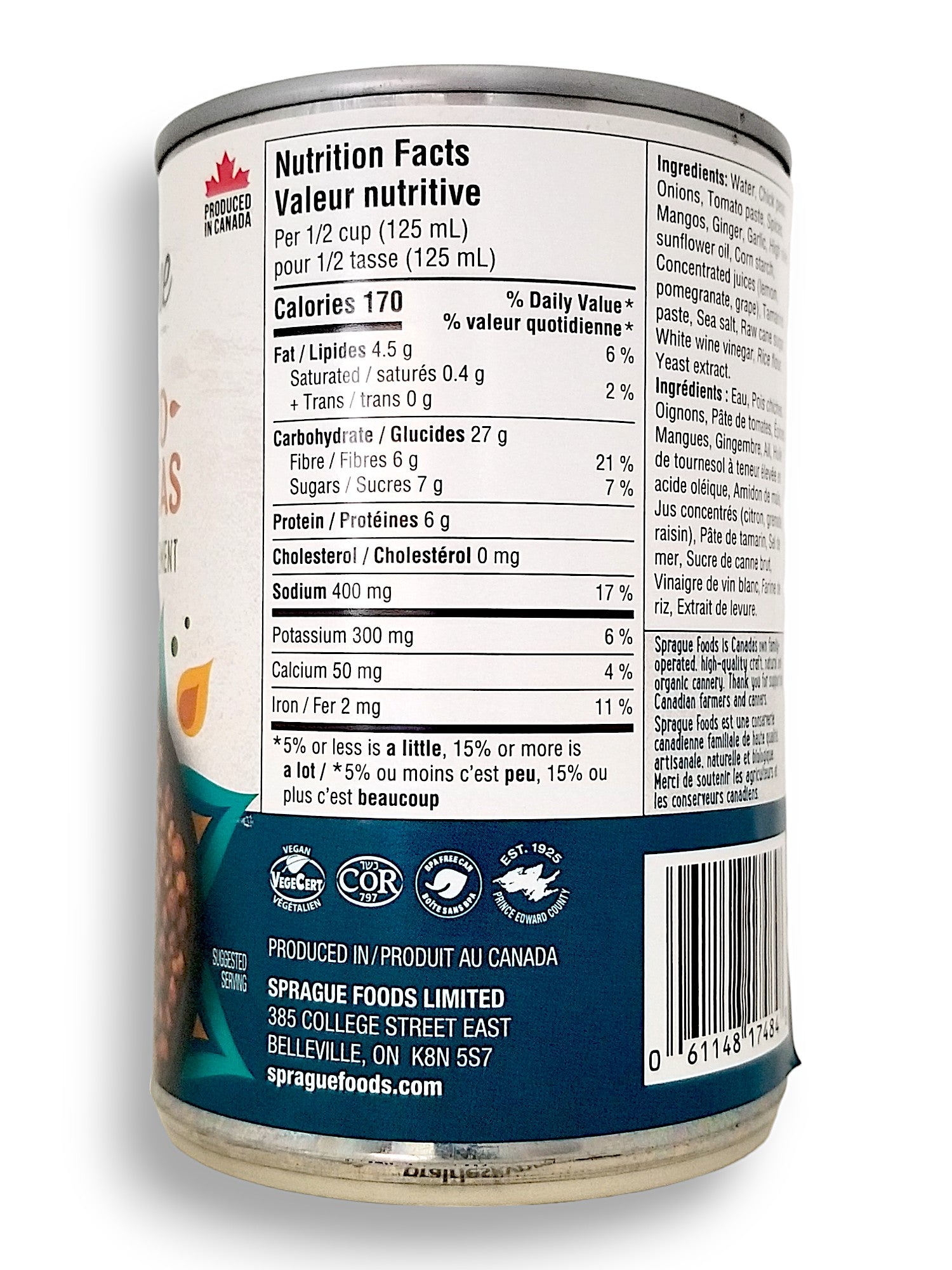 Sprague Vegan Curried Chickpeas, Ready to Eat, 425g/15 oz., Can, side of can.