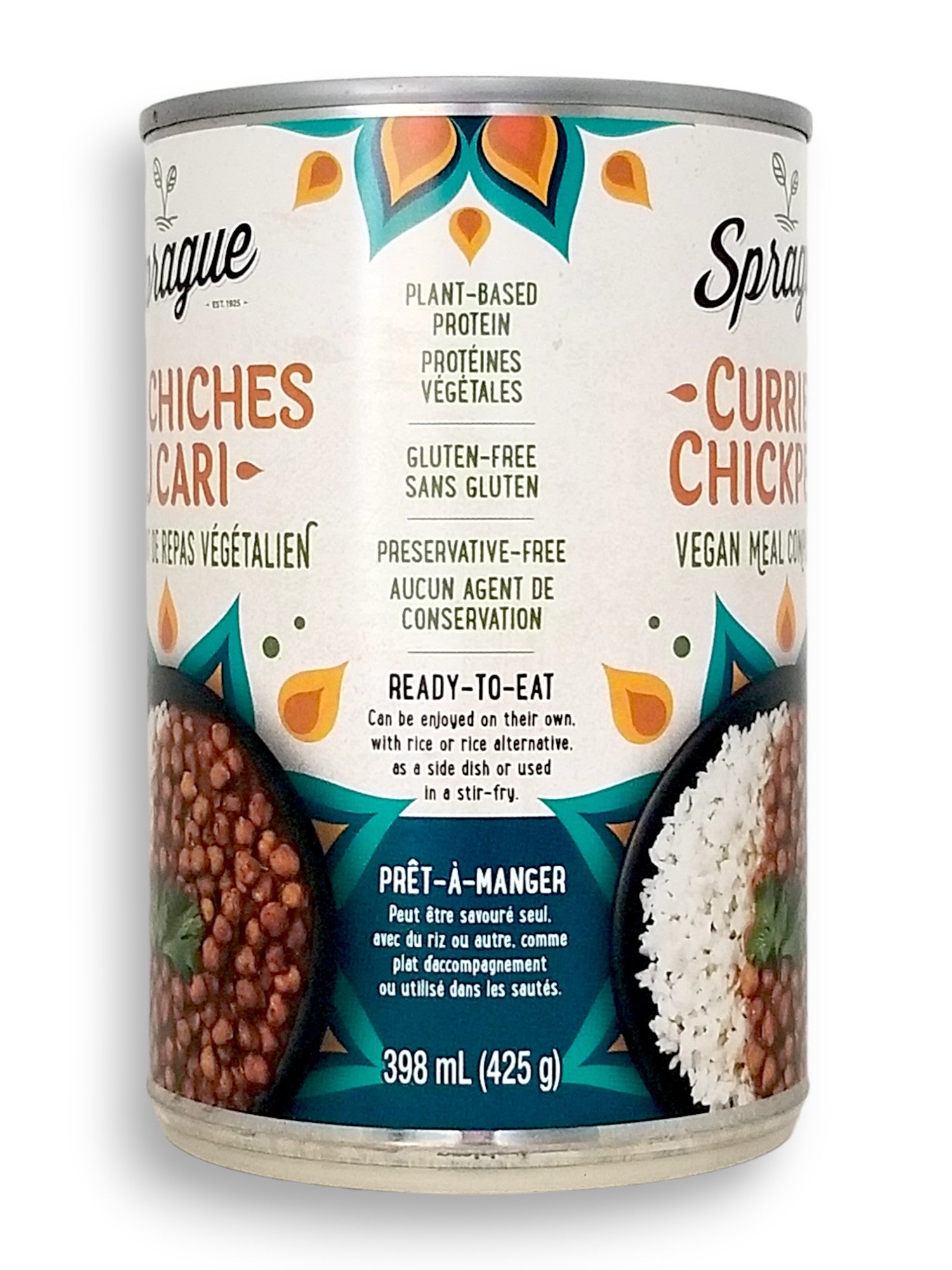 Sprague Vegan Curried Chickpeas, Ready to Eat, 425g/15 oz., Can, side of can.