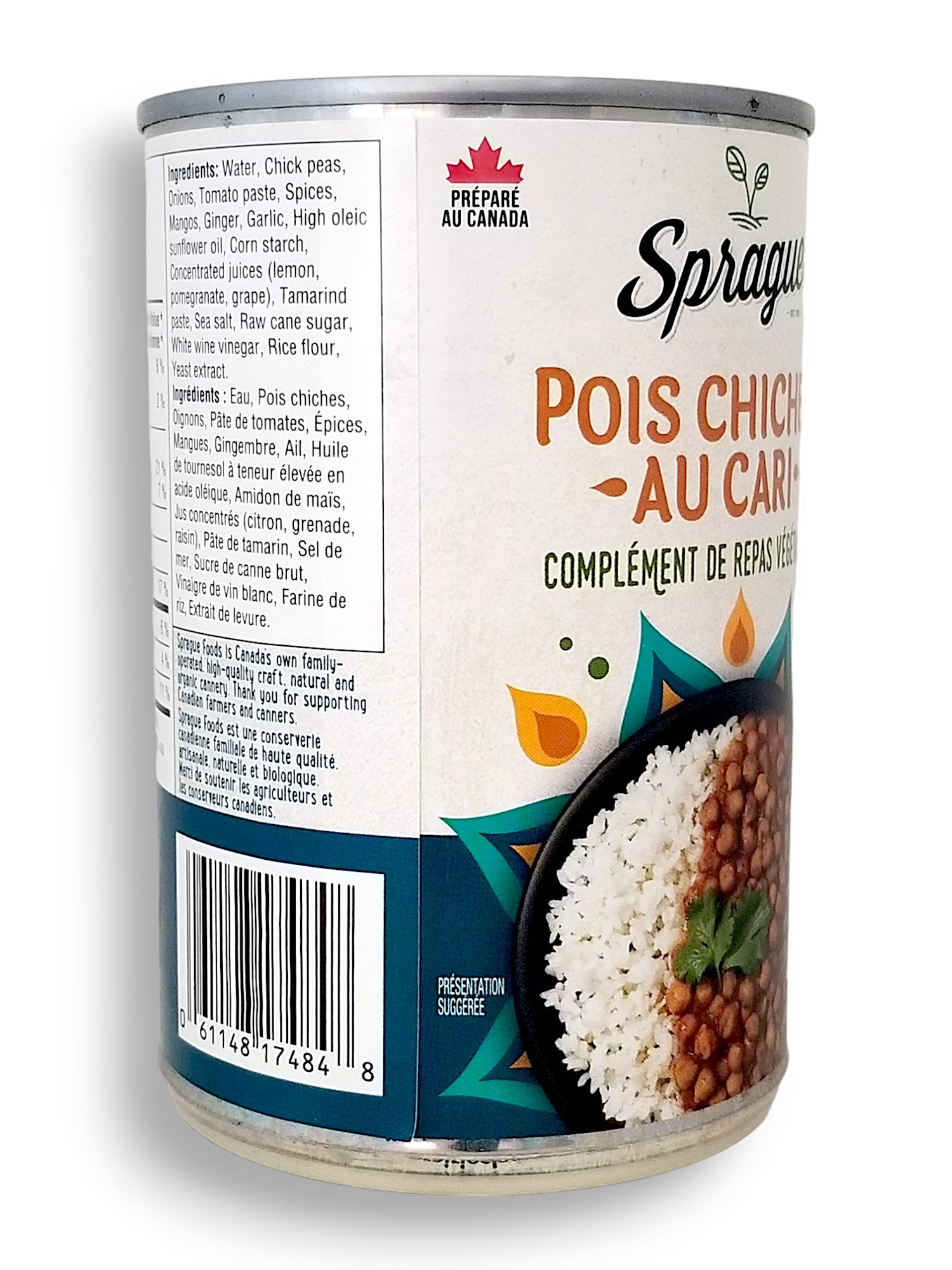 Sprague Vegan Curried Chickpeas, Ready to Eat, 425g/15 oz., Can, side of can with upc number.