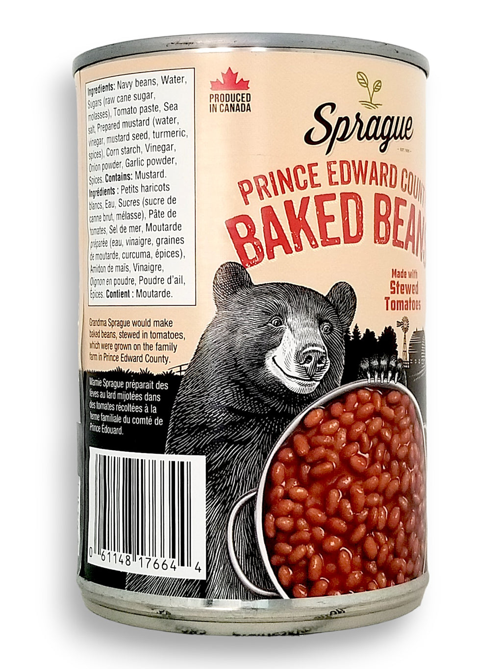 Sprague Prince Edward Country Baked Beans, Ready to Eat, 398ml/13.5 oz., Can, side of can with upc number.