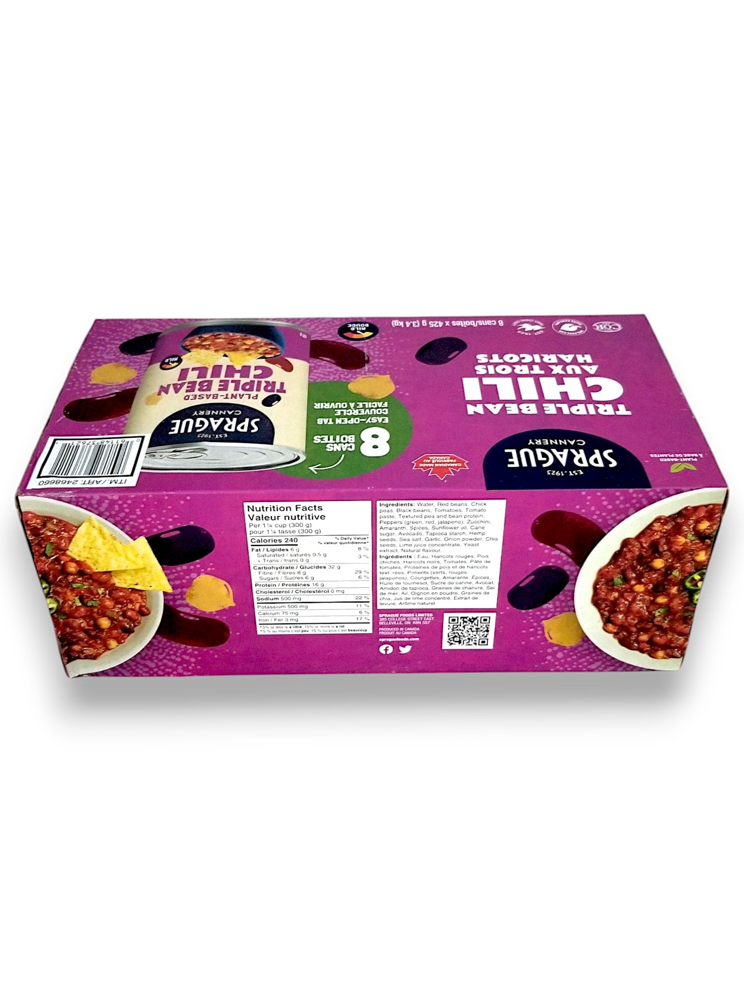 Sprague Cannery Plant-Based Triple Bean Chili, Ready to Eat, 8x425g - Back Of Box
