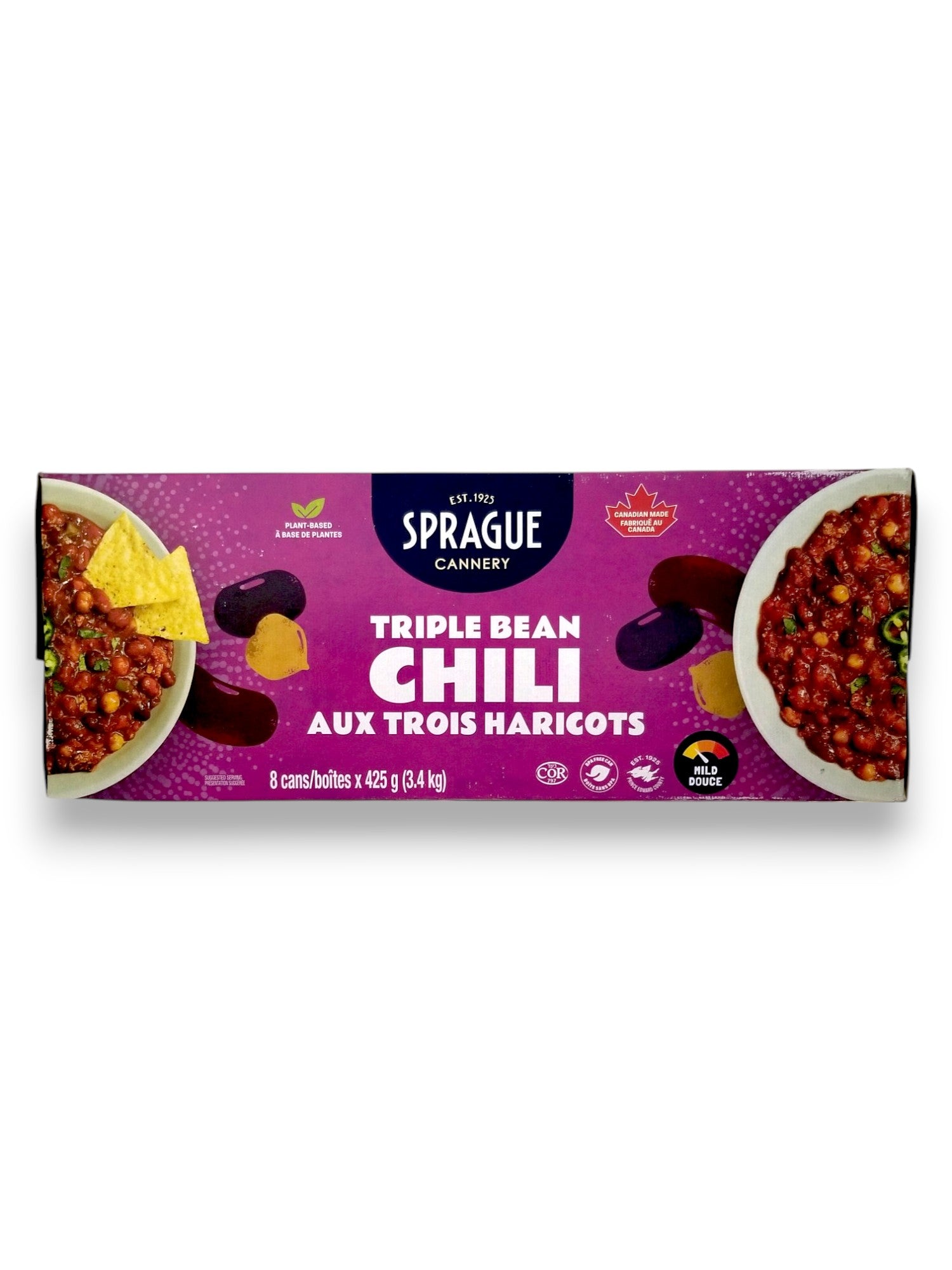 Sprague Cannery Plant-Based Triple Bean Chili, Ready to Eat, 8x425g - Front Of Box