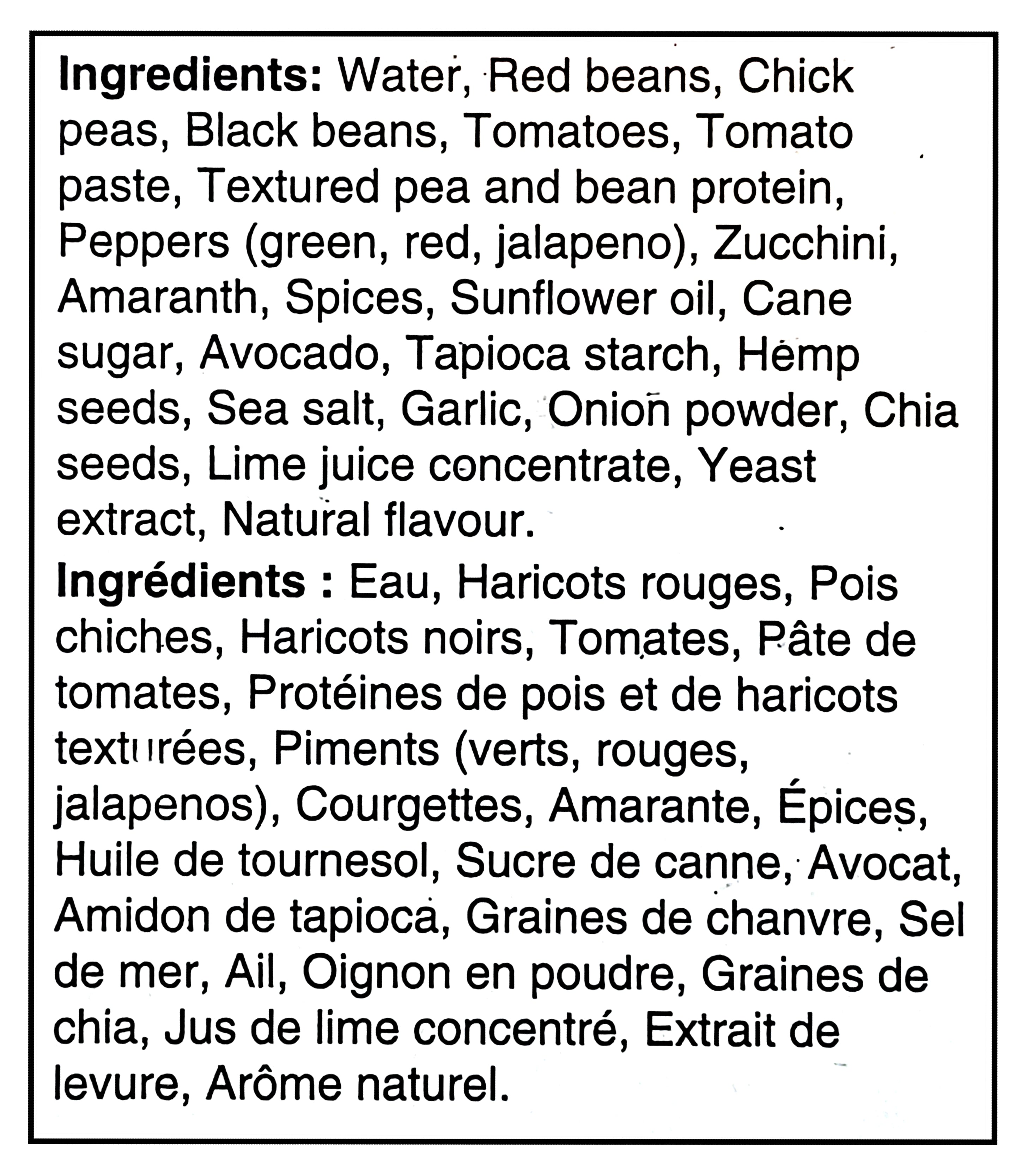 Sprague Cannery Plant-Based Triple Bean Chili, Ready to Eat, 8x425g - Ingredients Label