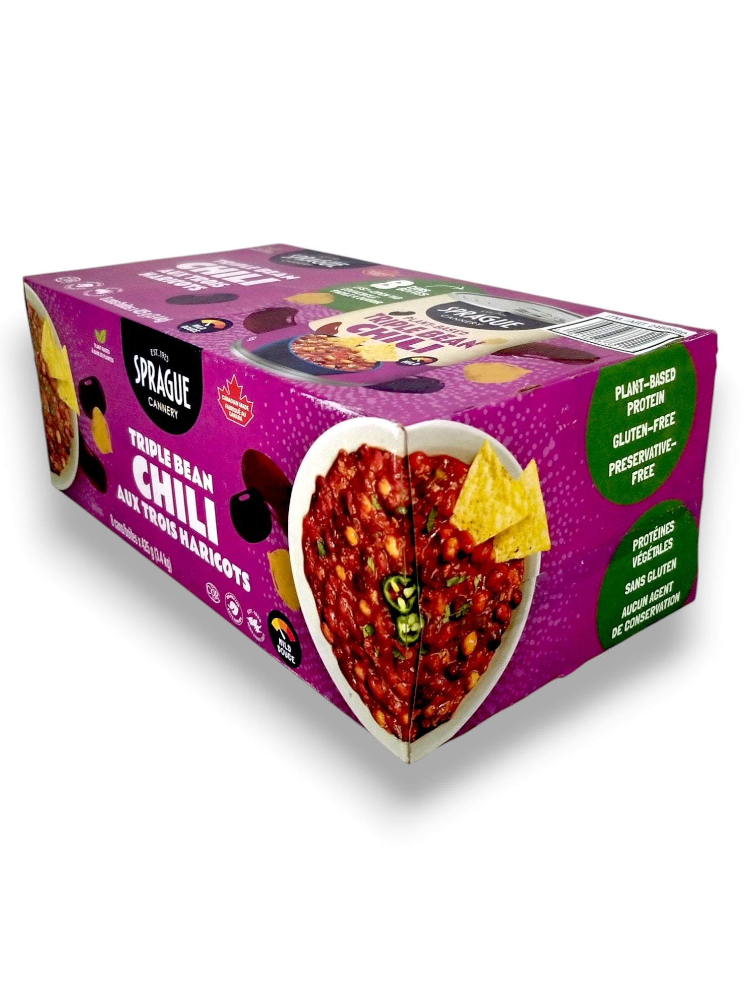Sprague Cannery Plant-Based Triple Bean Chili, Ready to Eat, 8x425g - Left Side Of Box
