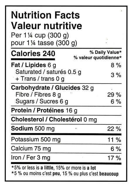 Sprague Cannery Plant-Based Triple Bean Chili, Ready to Eat, 8x425g - Nutrition Facts Label