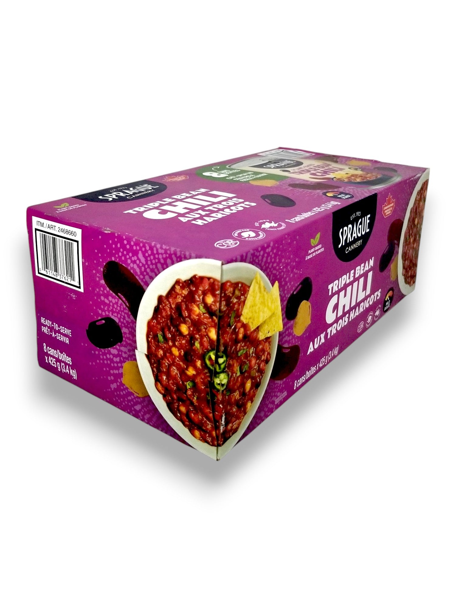 Sprague Cannery Plant-Based Triple Bean Chili, Ready to Eat, 8x425g - Right Side Of Box
