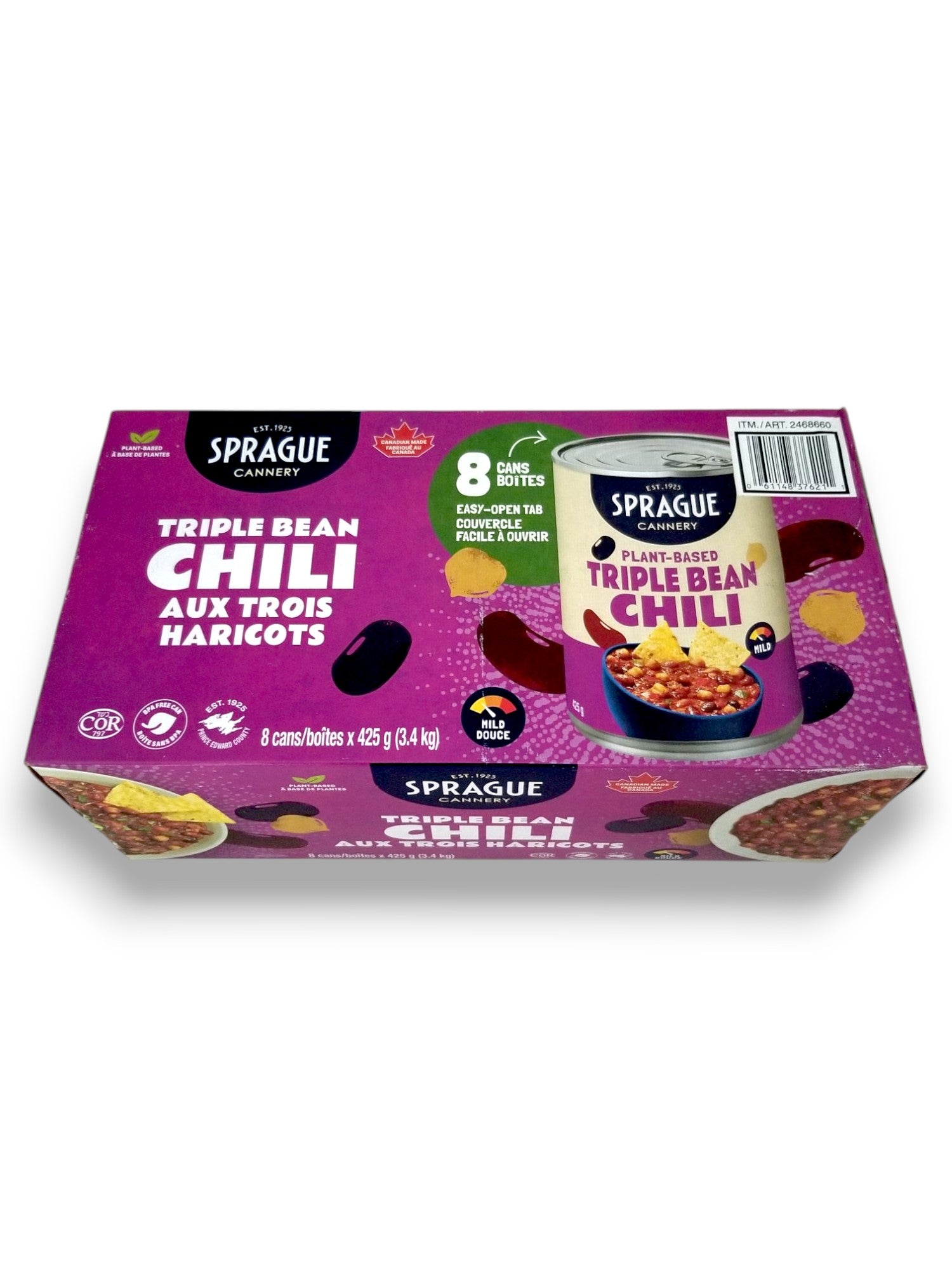 Sprague Cannery Plant-Based Triple Bean Chili, Ready to Eat, 8x425g - Top Of Box