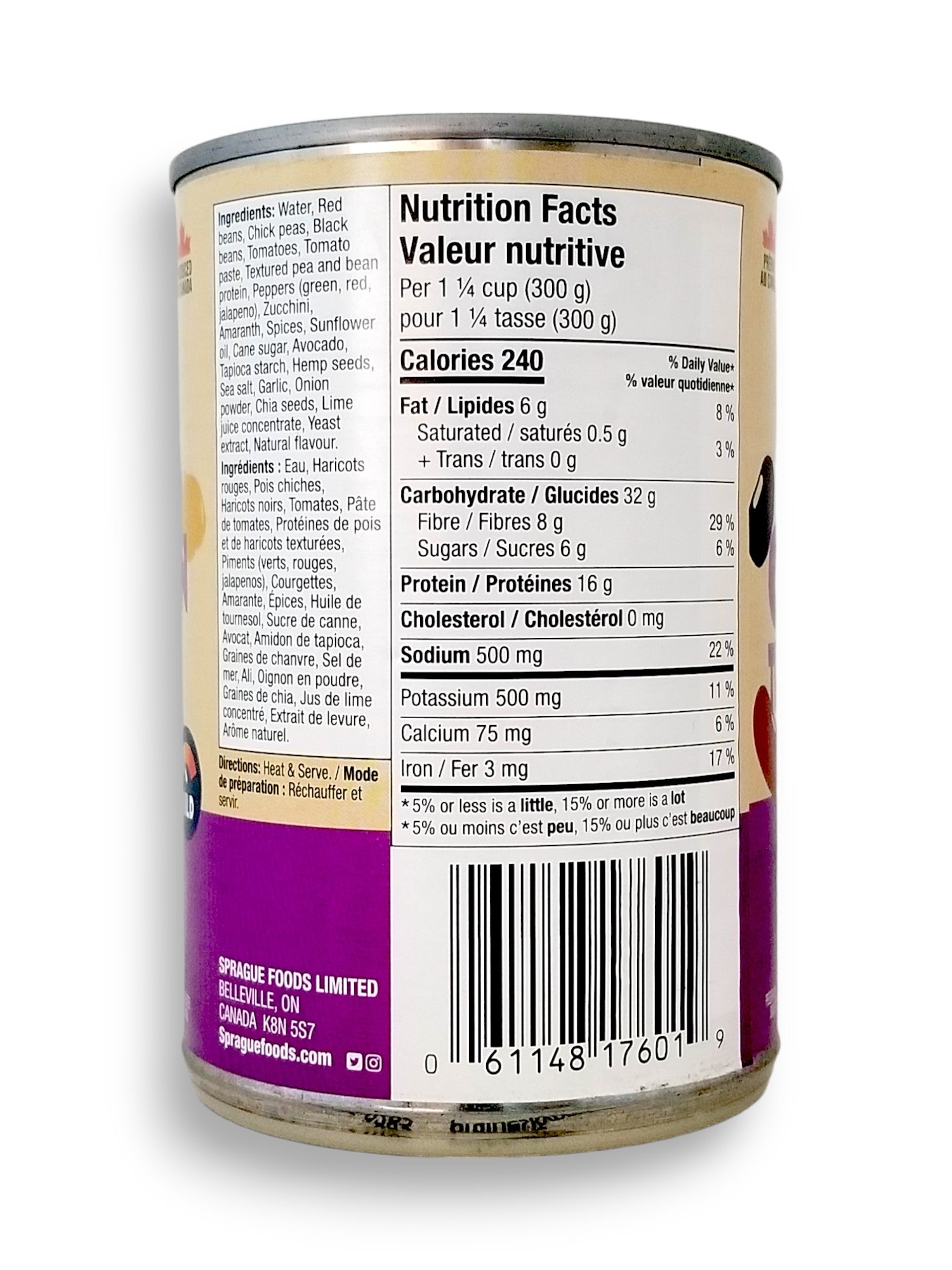 Sprague Cannery Plant-Based Triple Bean Bean Chili, Ready to Eat, 425g/15 oz., Can, back of can with upc number.
