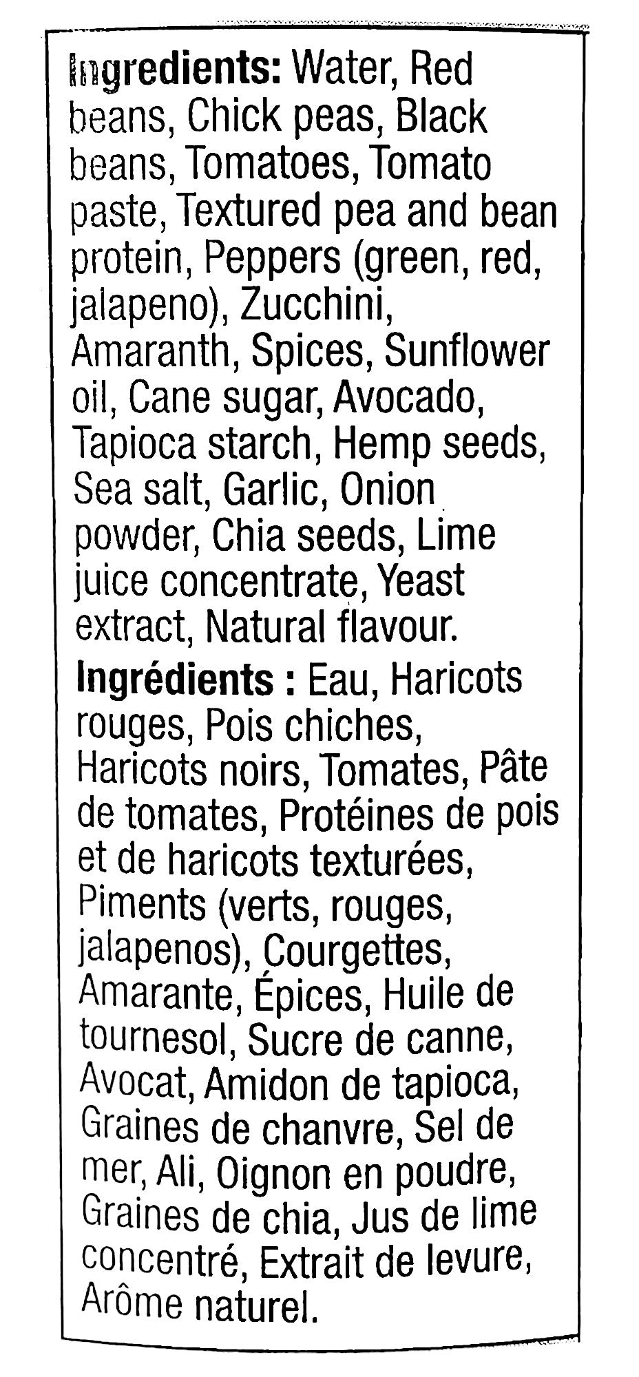 Sprague Cannery Plant-Based Triple Bean Bean Chili, Ready to Eat, 425g/15 oz., Can, ingredients label.