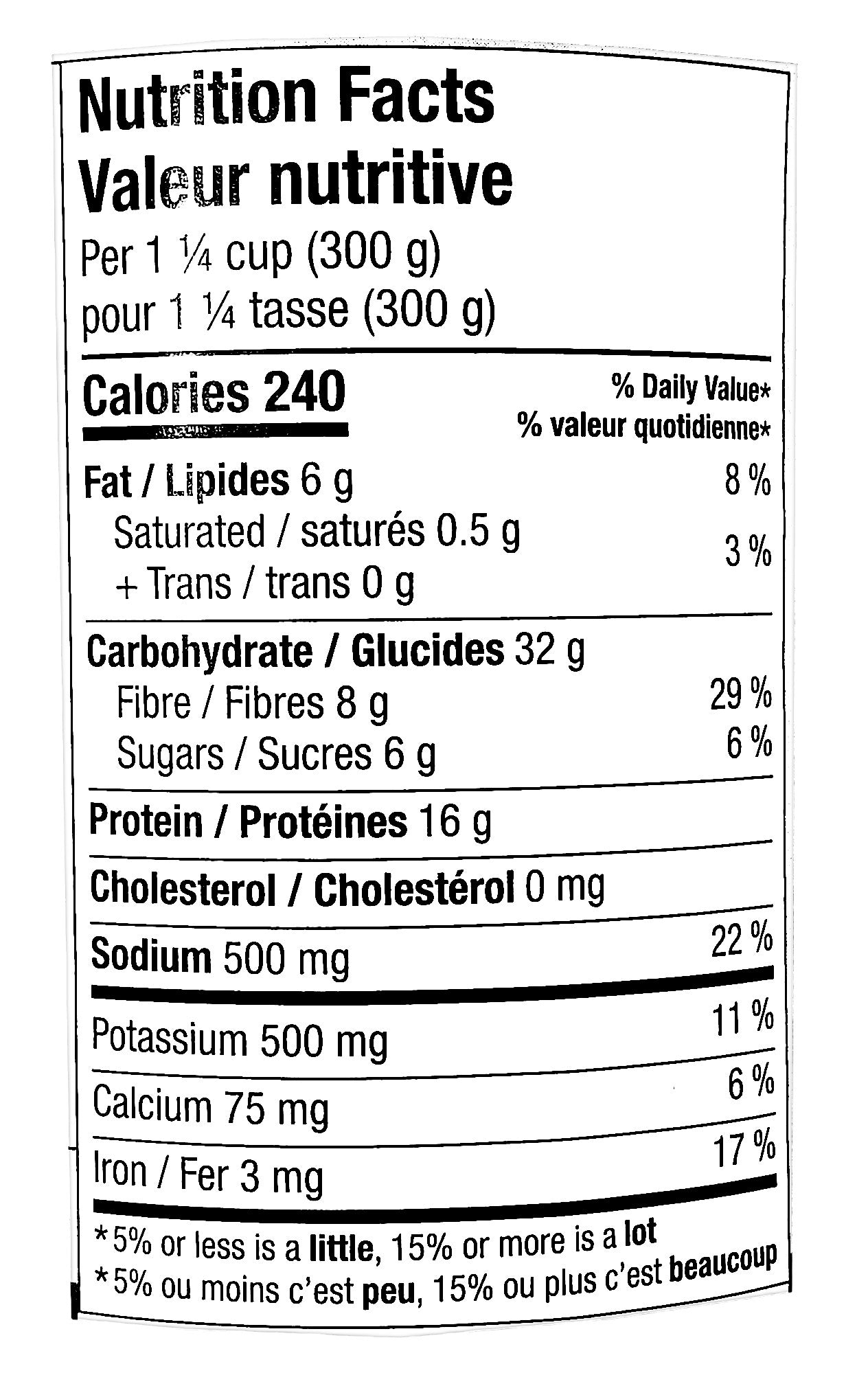 Sprague Cannery Plant-Based Triple Bean Bean Chili, Ready to Eat, 425g/15 oz., Can, nutrition facts label.