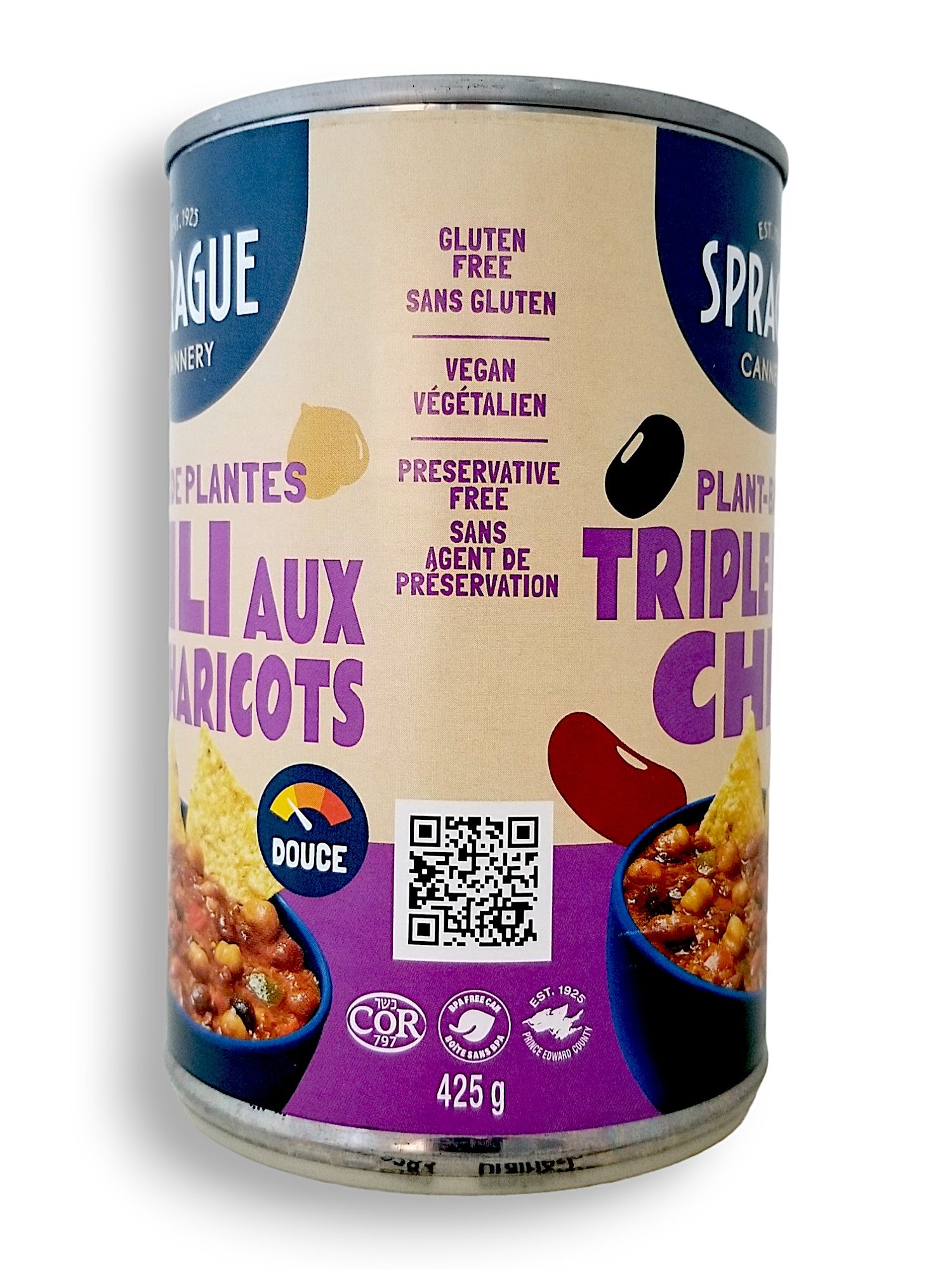 Sprague Cannery Plant-Based Triple Bean Bean Chili, Ready to Eat, 425g/15 oz., Can, side of can.