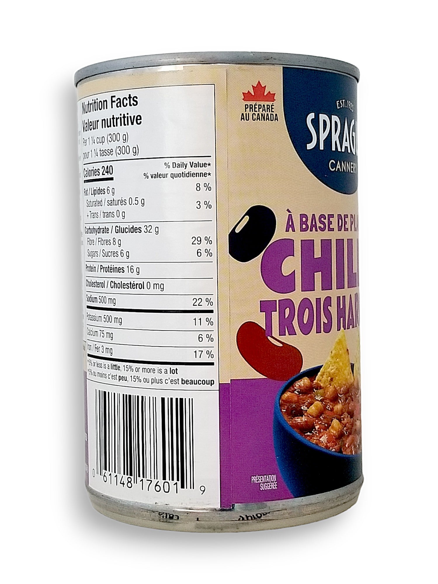 Sprague Cannery Plant-Based Triple Bean Bean Chili, Ready to Eat, 425g/15 oz., Can, side of can.