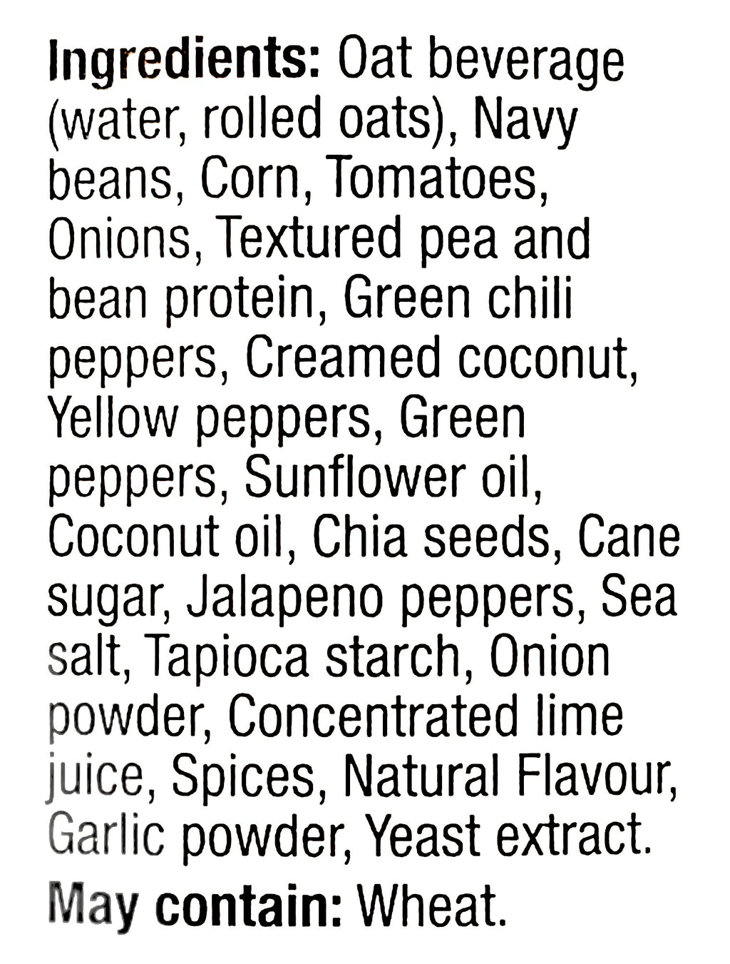 Sprague Cannery Plant-Based White Bean Chili, Ready to Eat, 425g/15 oz., Can, ingredients label.