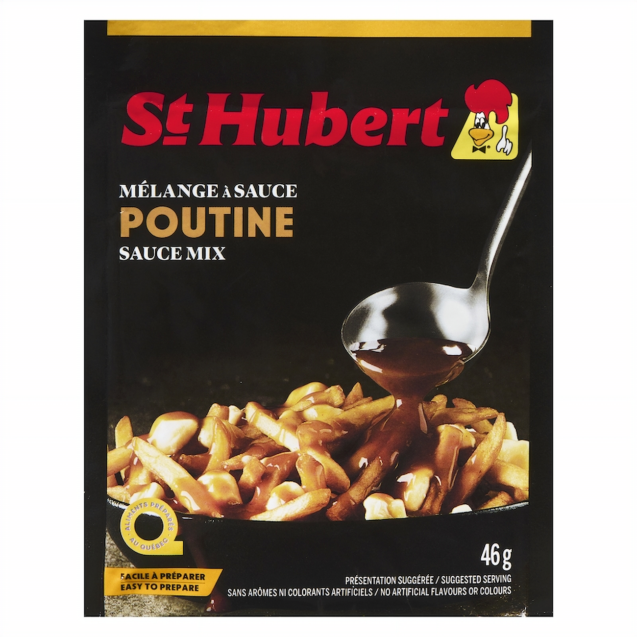 Package of St Hubert Poutine Gravy Mix Original Recipe, Easy To Prepare, 46g/1.6 oz with a spoon and fries on a white background