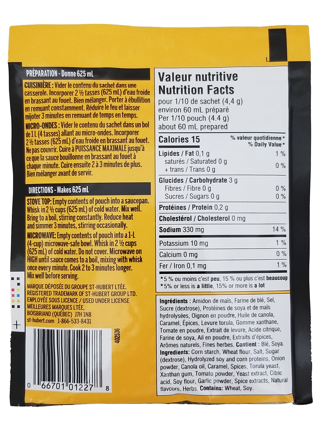 Back of Package of St Hubert Poutine Gravy Mix Original Recipe, Easy To Prepare, 46g/1.6 oz with a spoon and fries on a white background