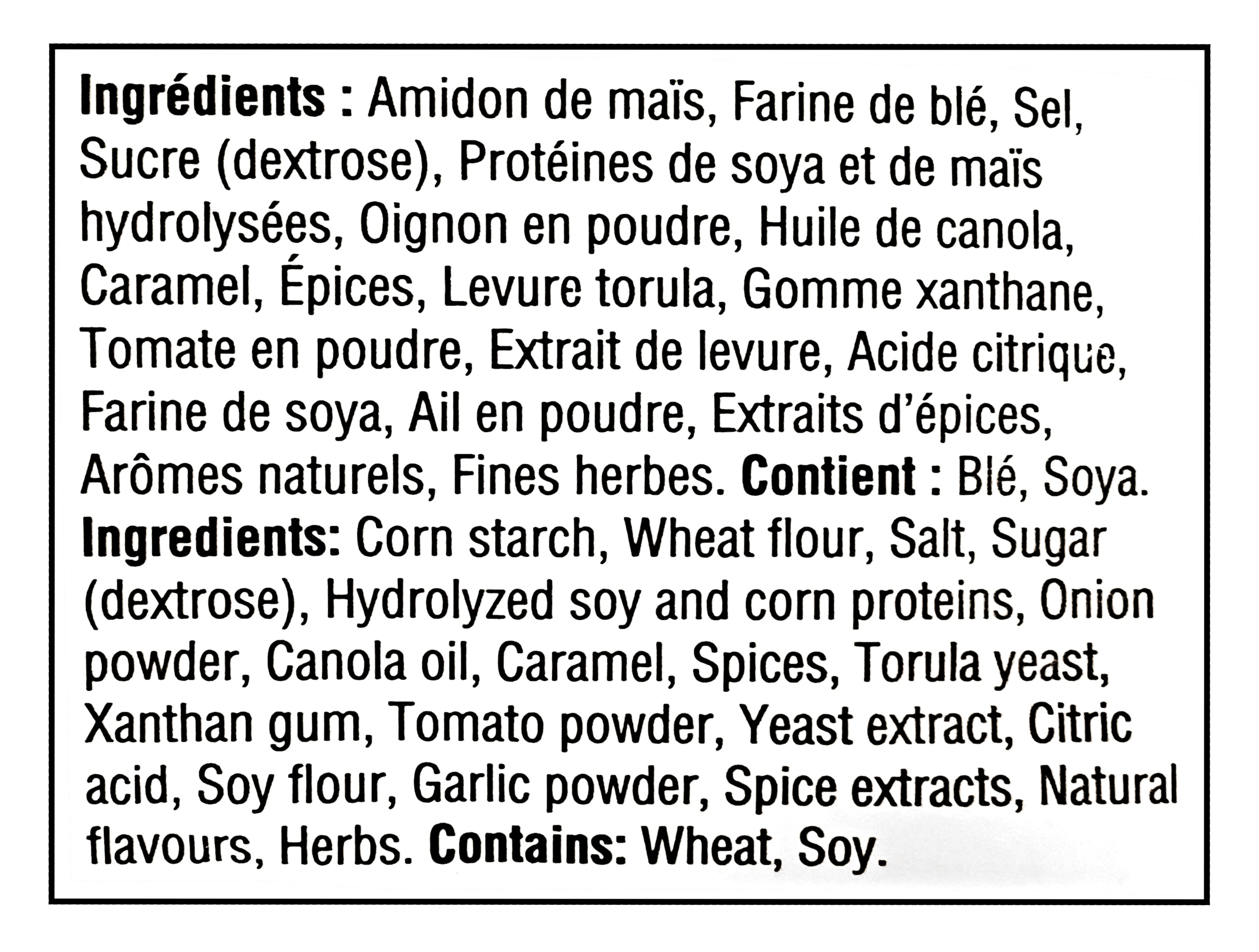 Ingredients list in French and English for St Hubert Poutine Gravy Mix Original Recipe, Easy To Prepare, 46g/1.6 oz on a white background