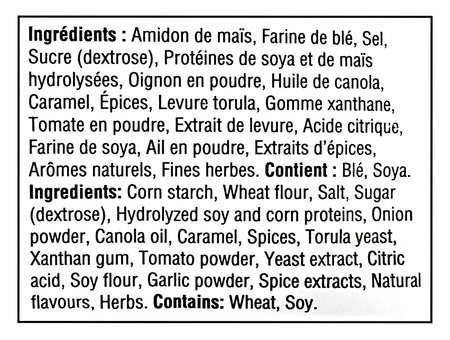 Ingredients list in French and English for St Hubert Poutine Gravy Mix Original Recipe, Easy To Prepare, 46g/1.6 oz on a white background