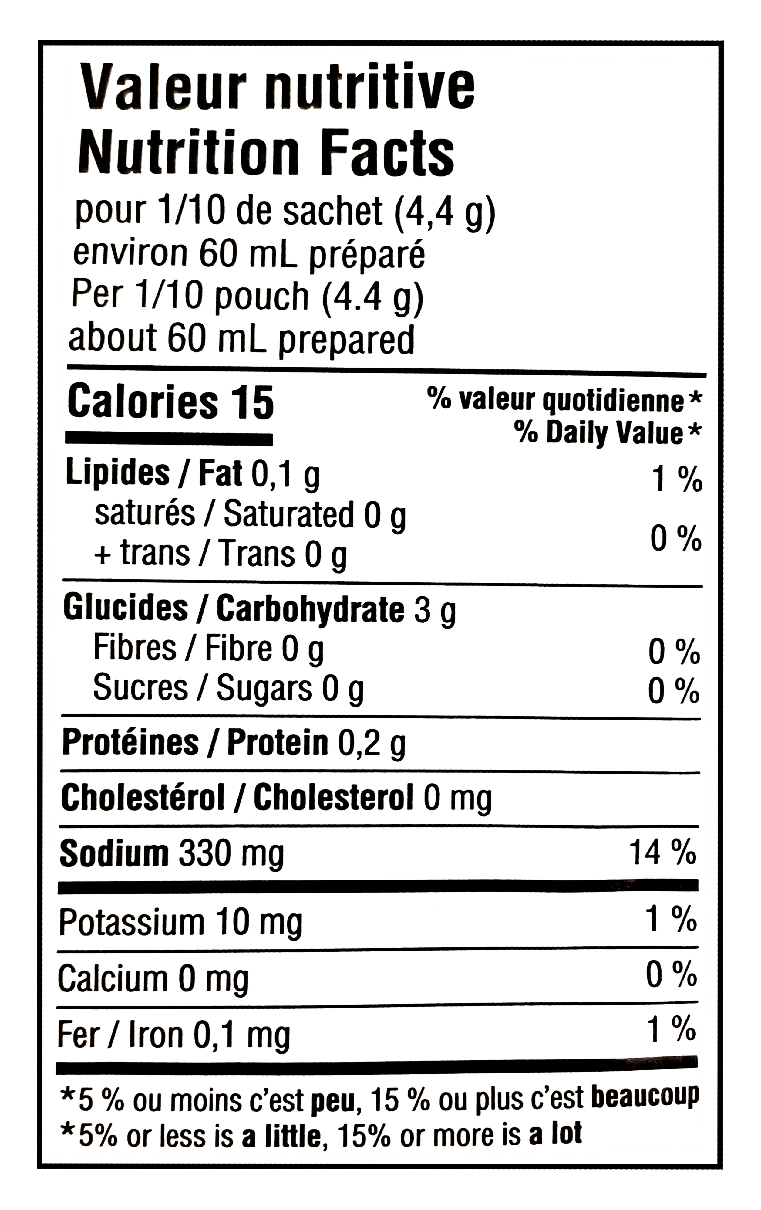 Nutrition facts label for St Hubert Poutine Gravy Mix Original Recipe, Easy To Prepare, 46g/1.6 oz with detailed calorie and nutrient information.