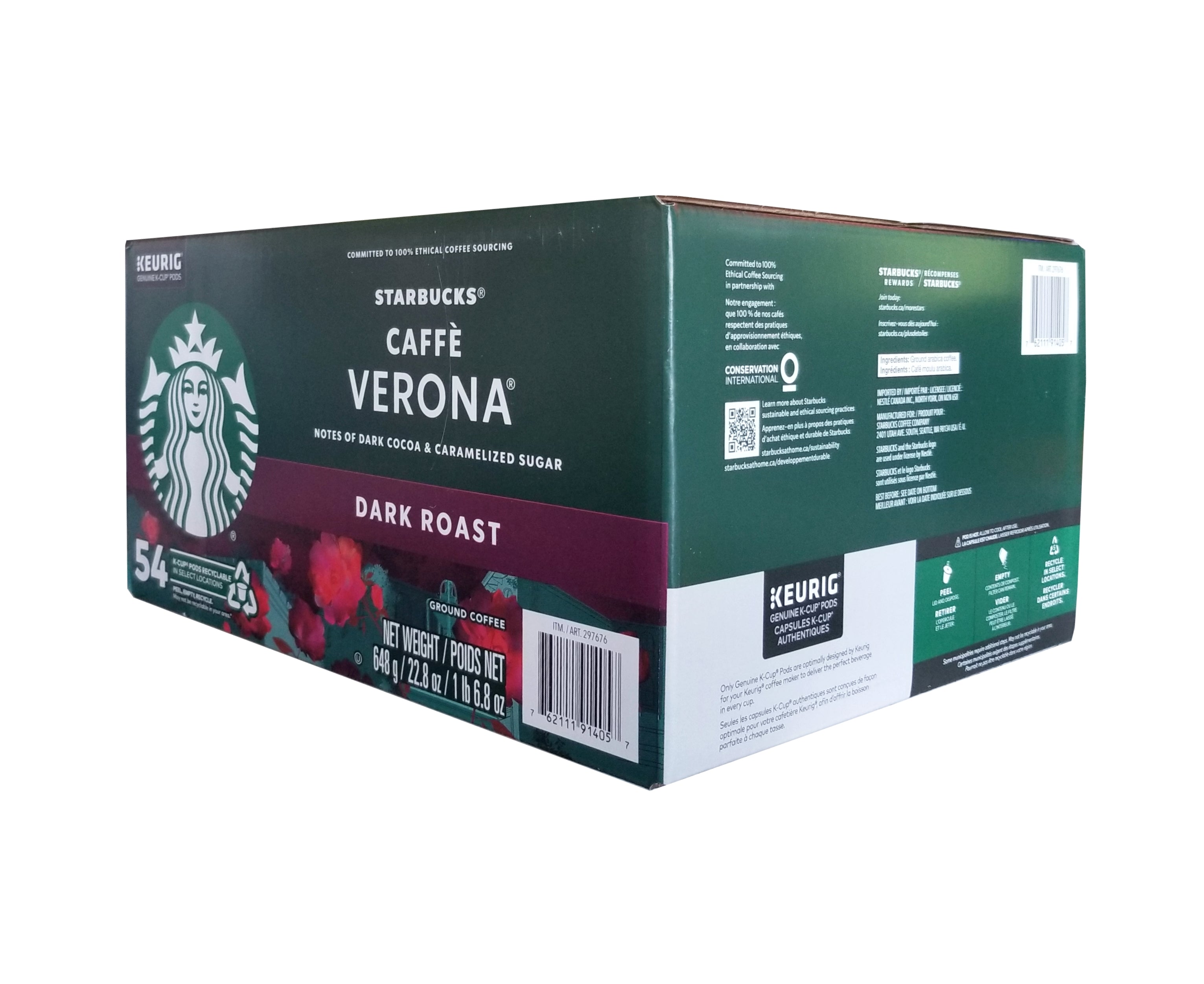 Starbucks Caffe Verona Dark Roast Coffee, K-Cups, 54 Count, 648g/22.8oz Box Bottom Side