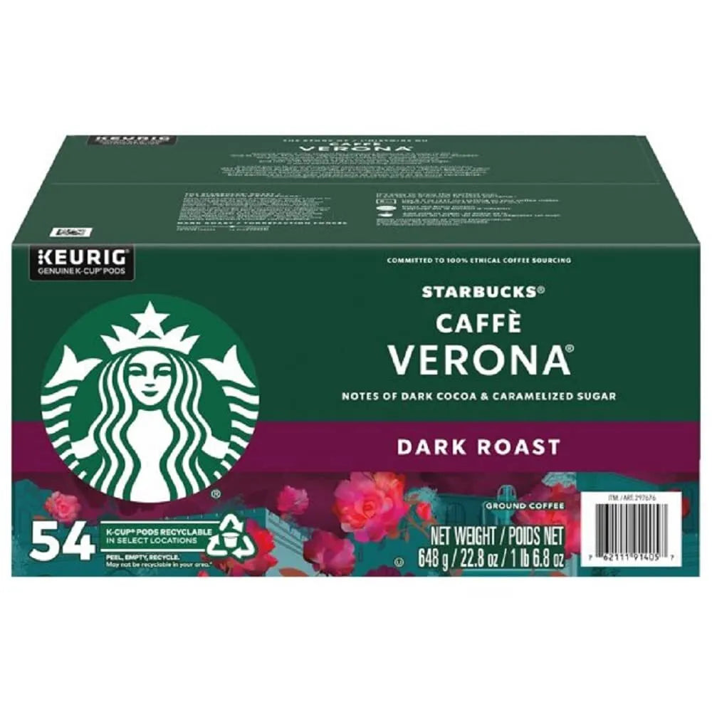 Starbucks Caffe Verona Dark Roast Coffee, K-Cups, 54 Count, 648g/22.8oz Box Front Side
