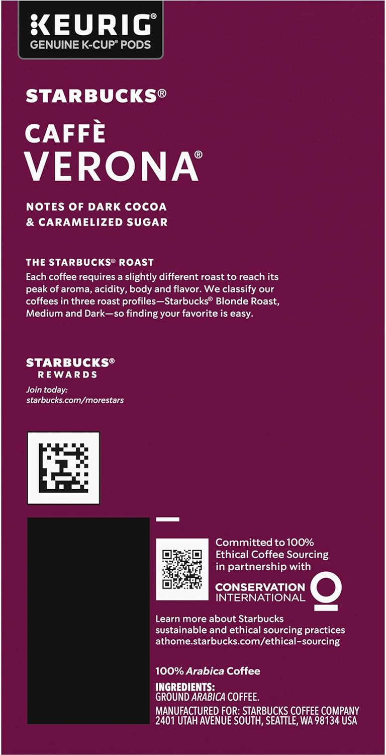 Starbucks Caffe Verona Dark Roast Coffee, K-Cups, 54 Count, 648g/22.8oz Box Left Side