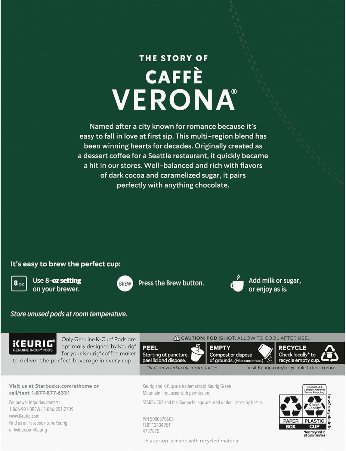 Starbucks Caffe Verona Dark Roast Coffee, K-Cups, 54 Count, 648g/22.8oz Box Right Side