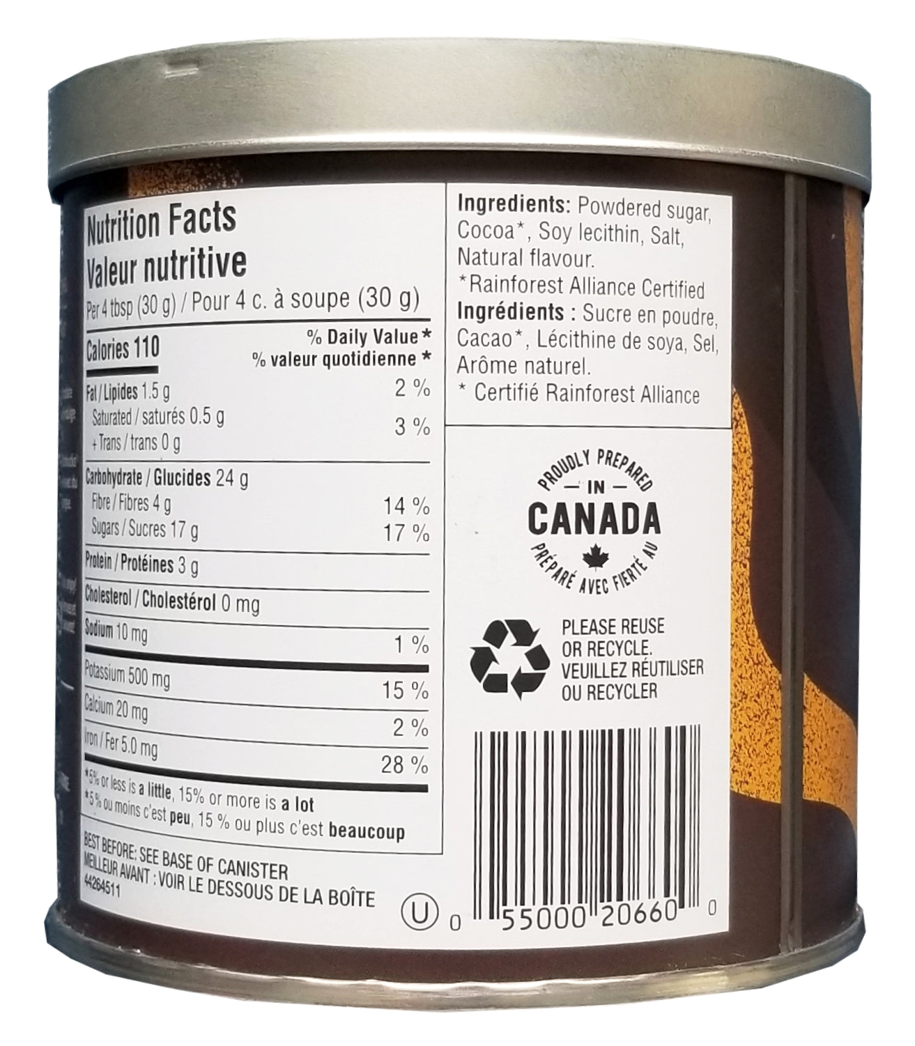 Starbucks Signature Hot Chocolate Mix, Salted Caramel Flavor, 300g/10.5 oz. Can Back Side