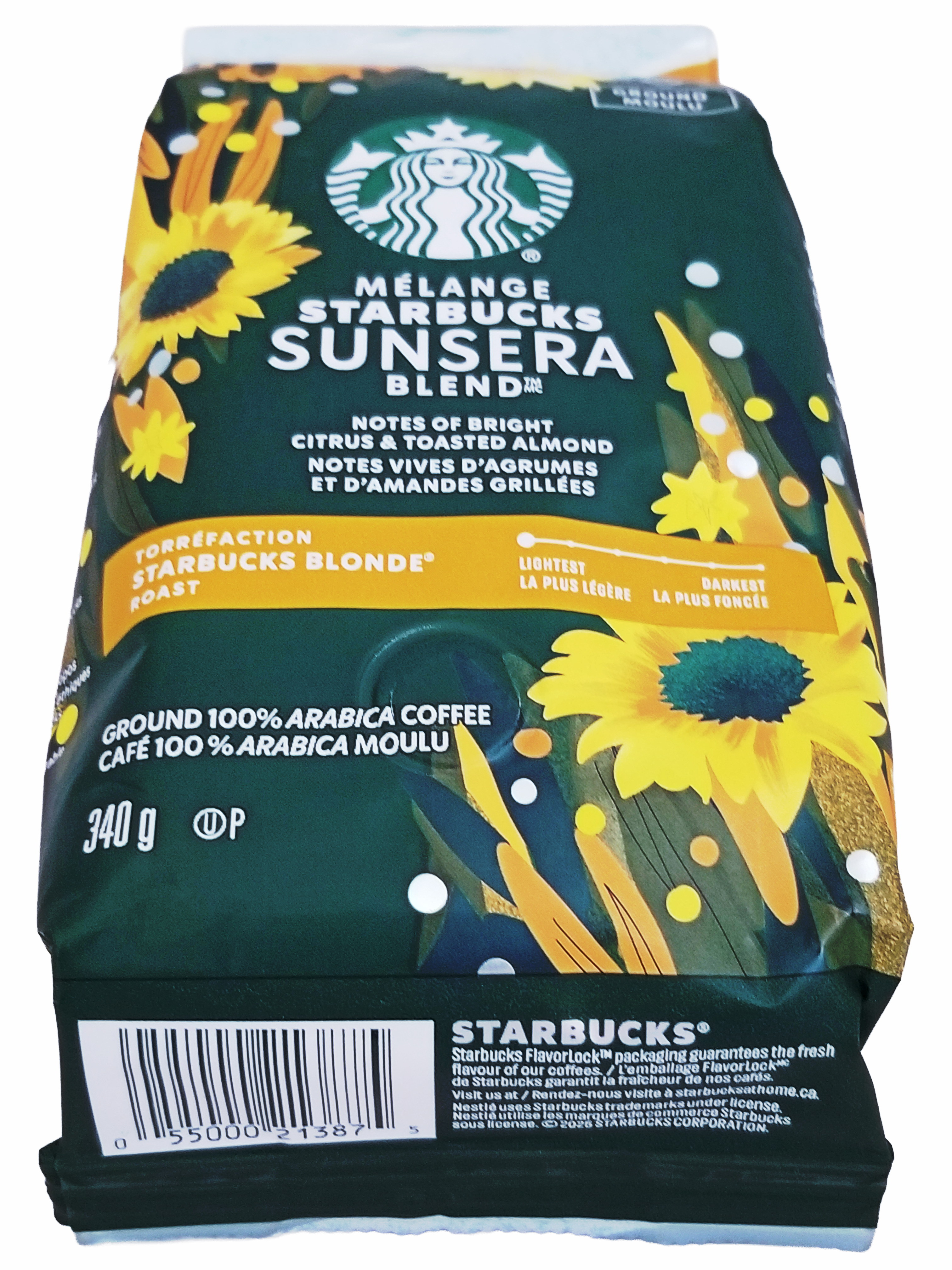 Starbucks Sunsera Blend coffee package with sunflower design on a white background