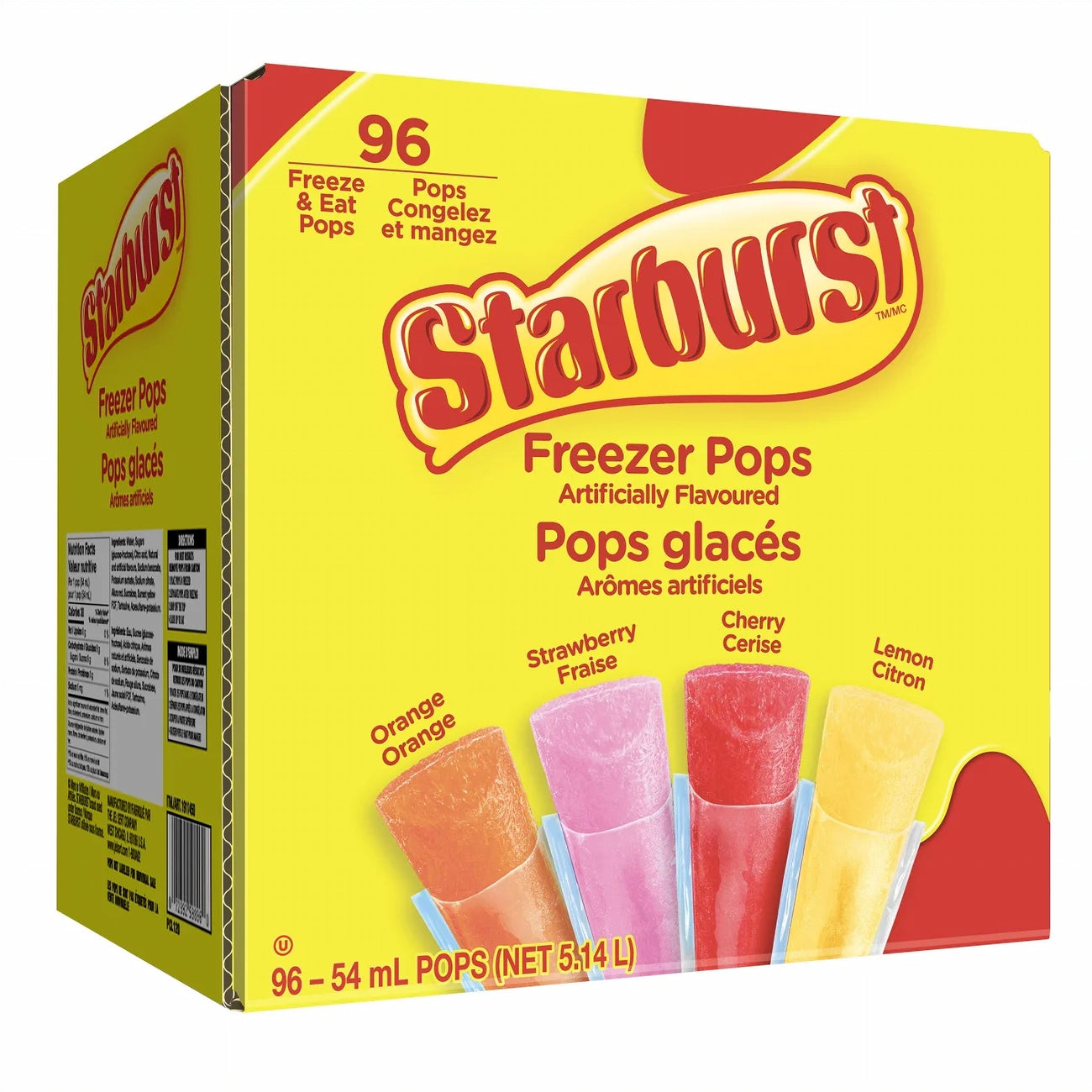 Box of Starburst Freeze Pops, 96 x 54ml/1.9 fl. oz with colorful packaging and product images.